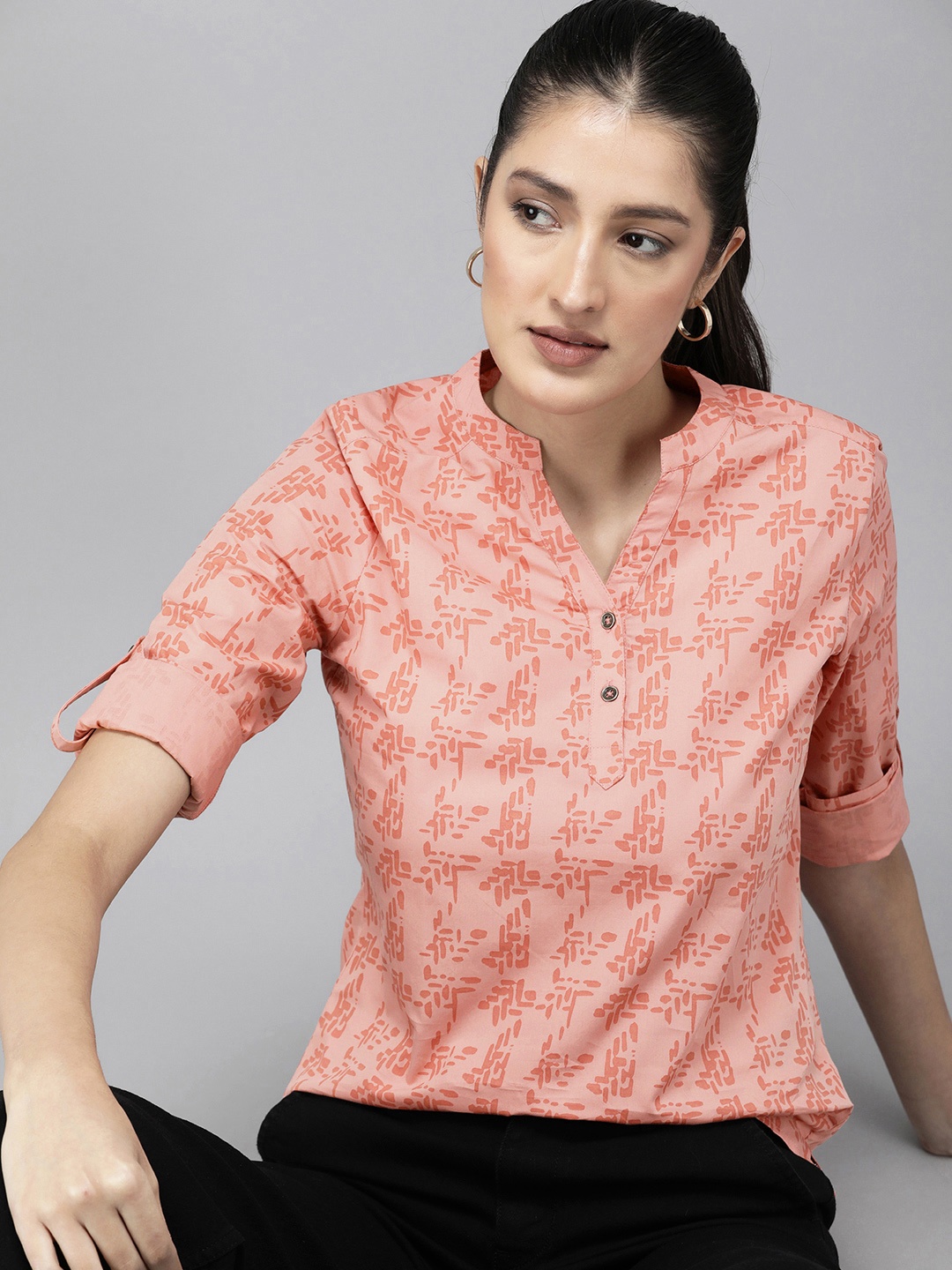 

The Roadster Life Co. Abstract Print Pure Cotton Shirt Style Top, Peach