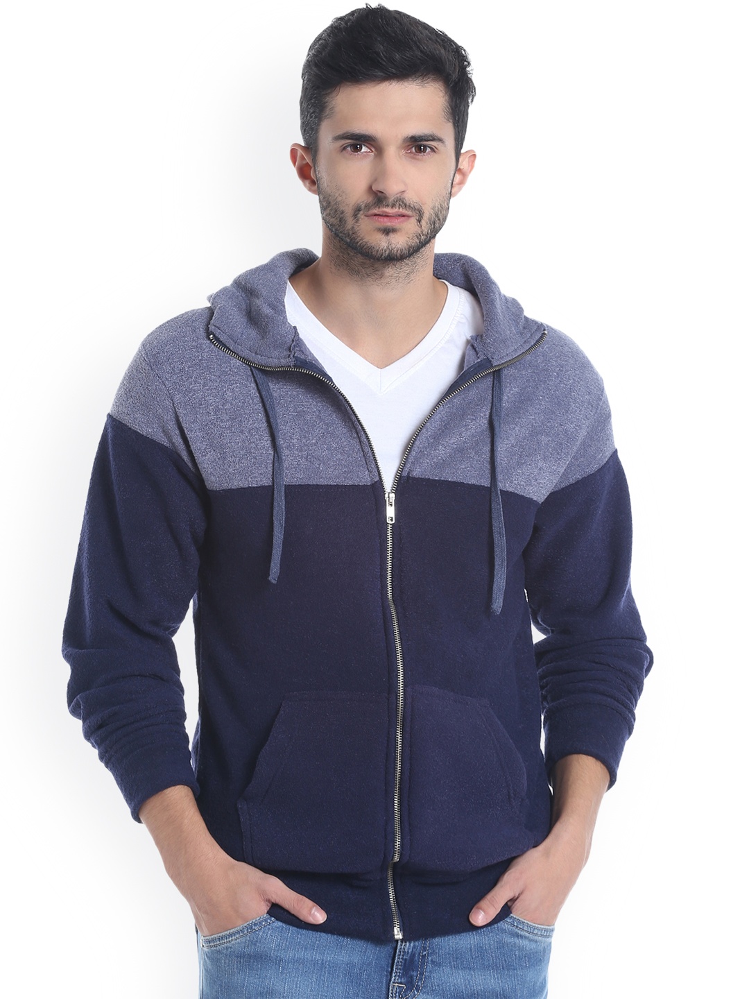 

Campus Sutra Men Blue Colourblocked Hooded Sweatshirt