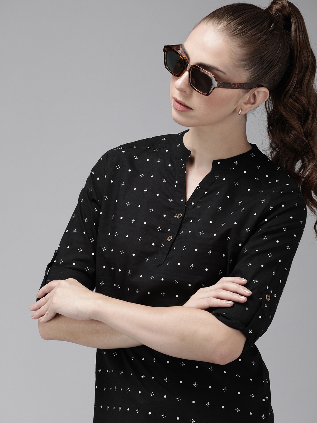 

The Roadster Life Co. Geometric Print Mandarin Collar Roll-Up Sleeves Pure Cotton Top, Black