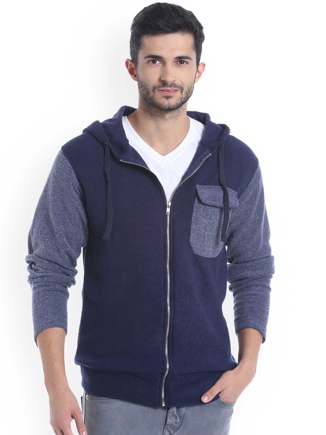 

Campus Sutra Men Blue Colourblocked Hooded Sweatshirt