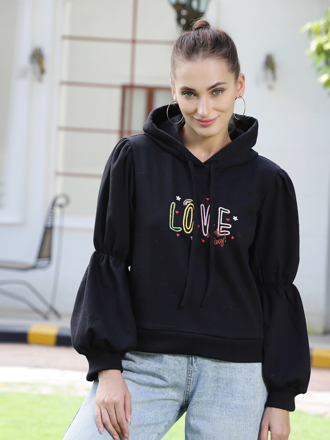 

Athena Women Embroidered Hooded Puff Sleeves Sweatshirt, Black