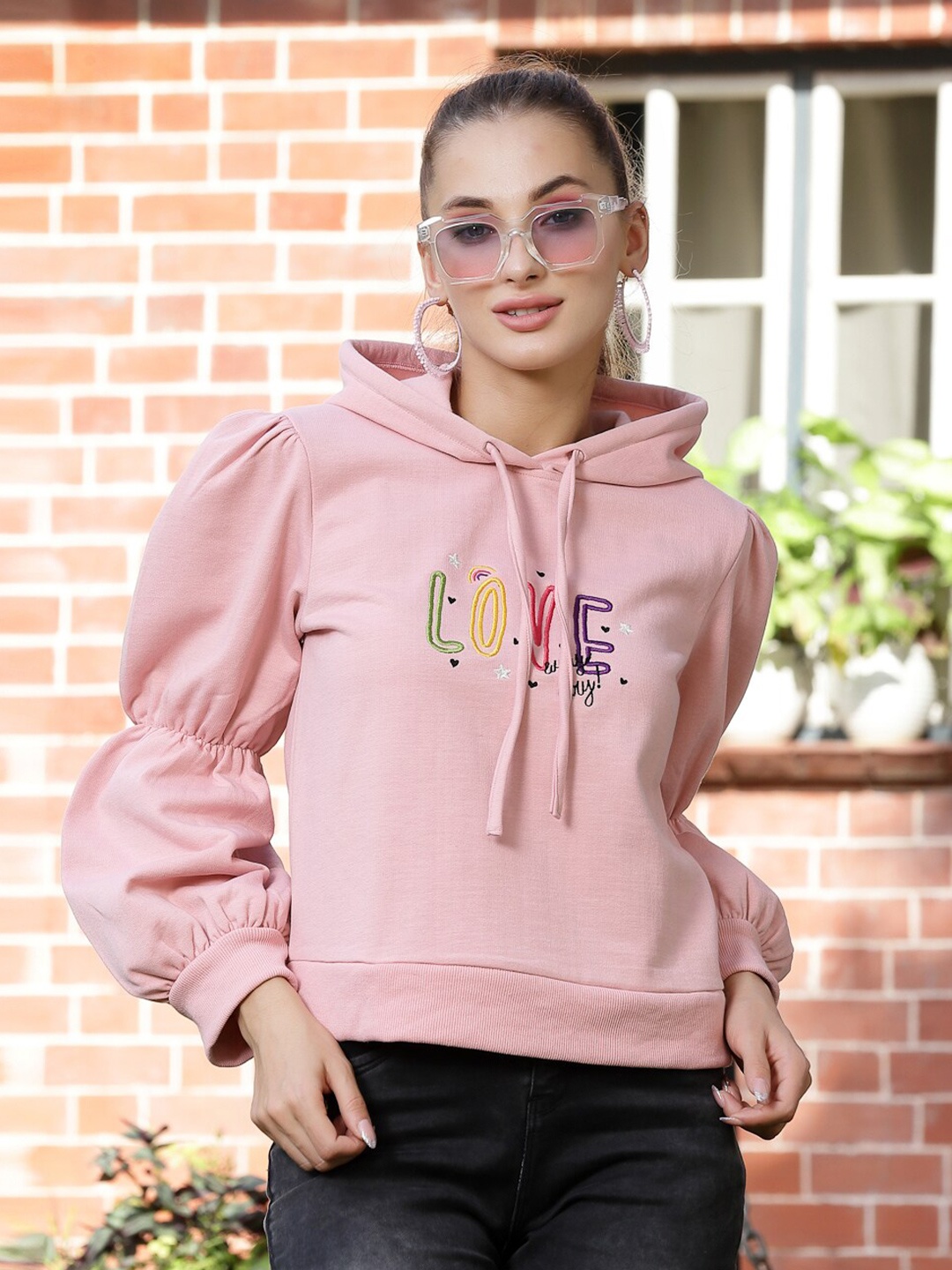 

Athena Women Embroidered Hooded Fleece Sweatshirt, Pink