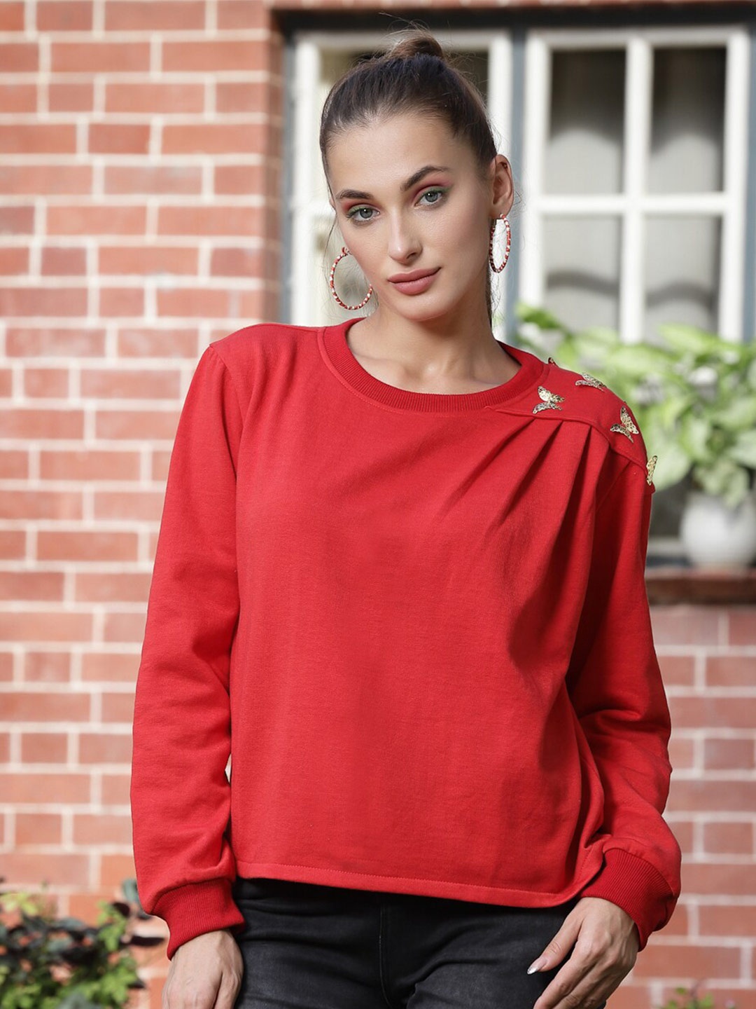 

Athena Women Embellished Fleece Sweatshirt, Red