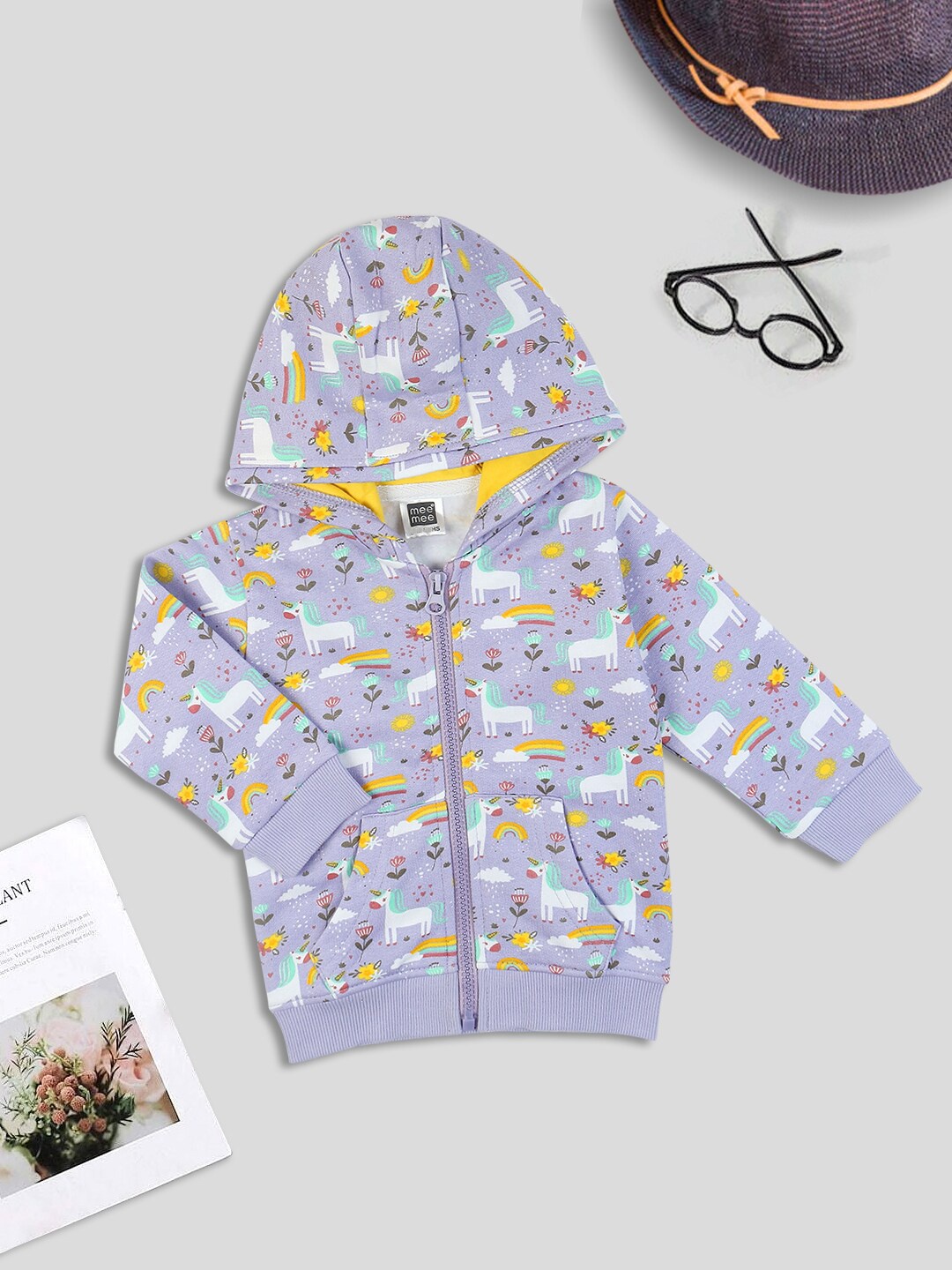 

MeeMee Girls Lavender Floral Acrylic Puffer Jacket with Patchwork