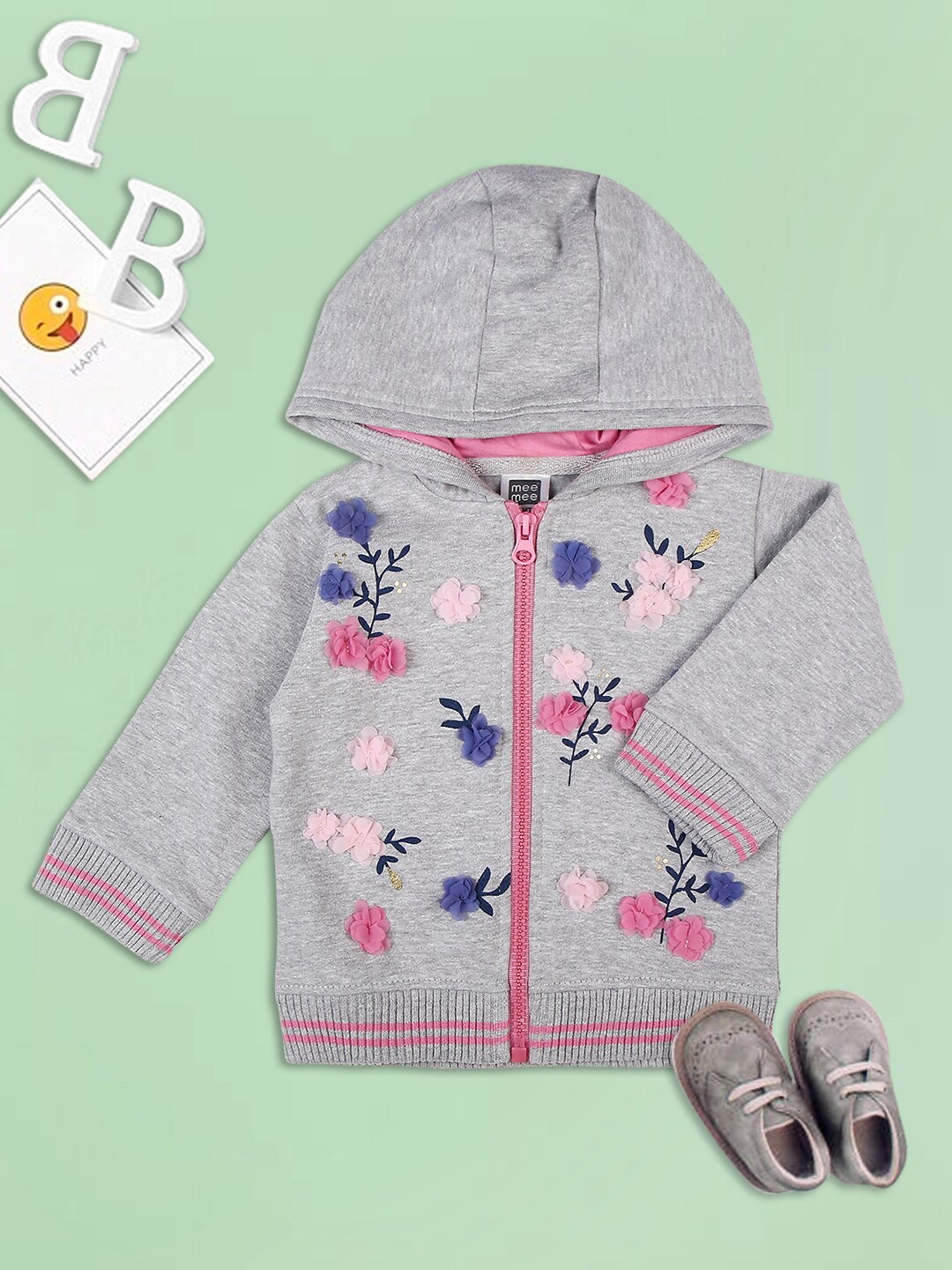 

MeeMee Girls Acrylic Crop Puffer Jacket with Embroidered, Grey