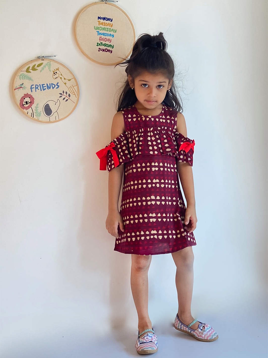 

charkhee Girls Cotton Printed A-Line Dress, Maroon