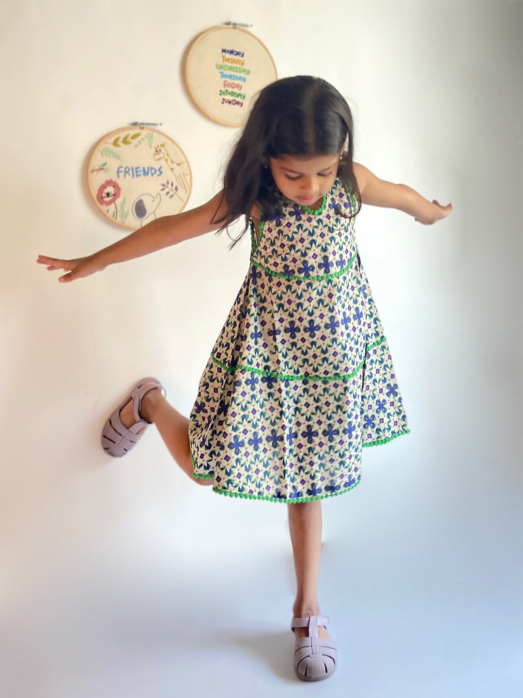 

charkhee Kids Girls Cotton Printed Layered A-Line Dress, Blue