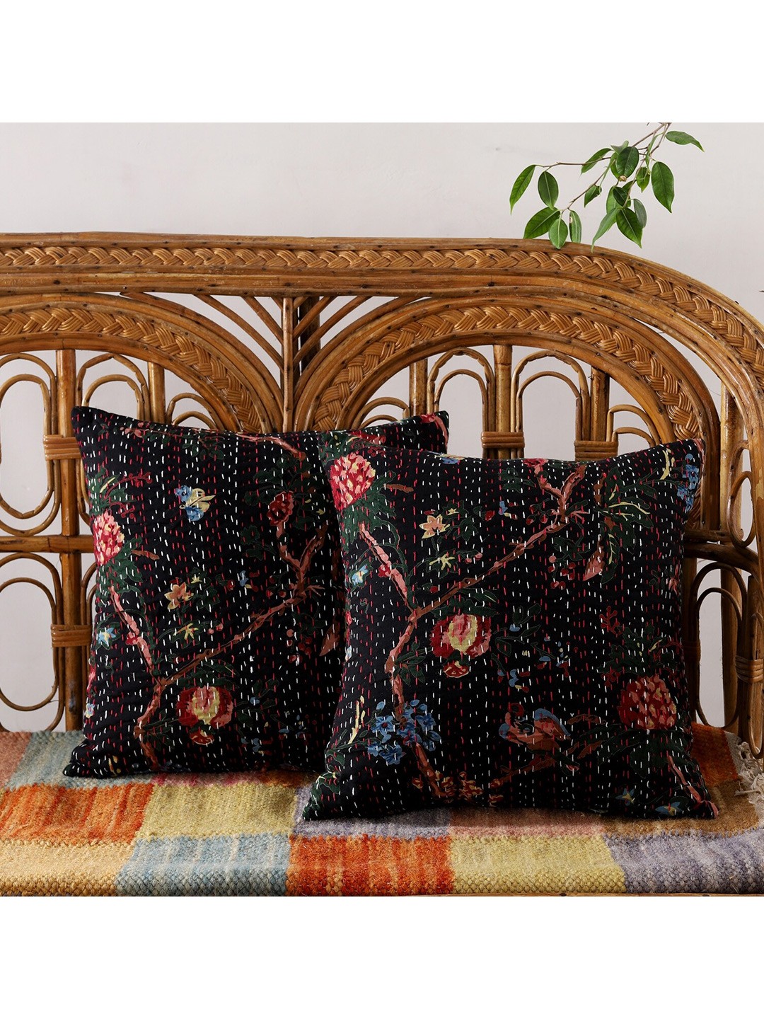 

HANDICRAFT PALACE Set of 2 Cotton Printed Square Cushion Covers, Black