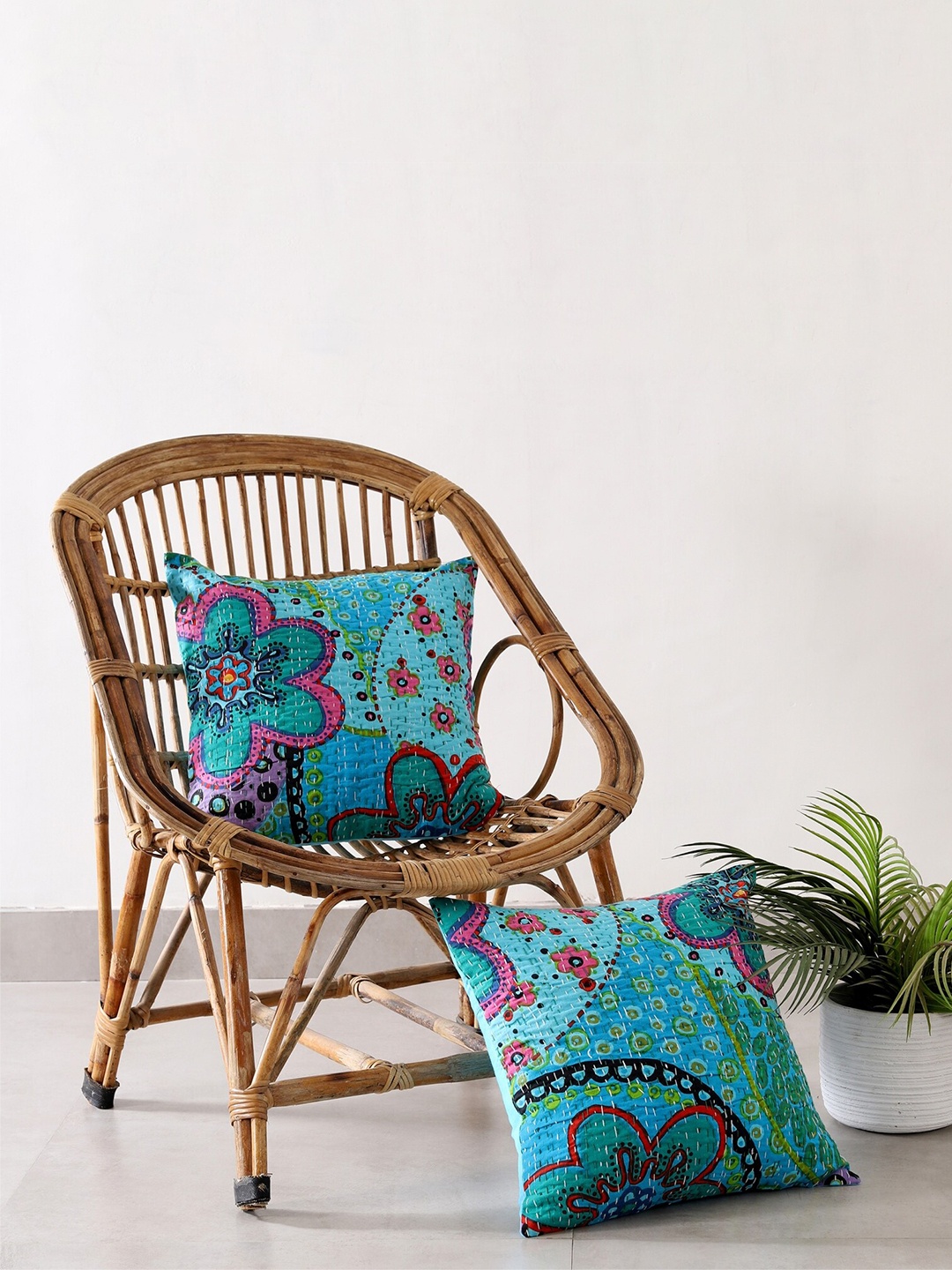 

HANDICRAFT PALACE Set of 2 Cotton Printed Square Cushion Covers, Turquoise blue