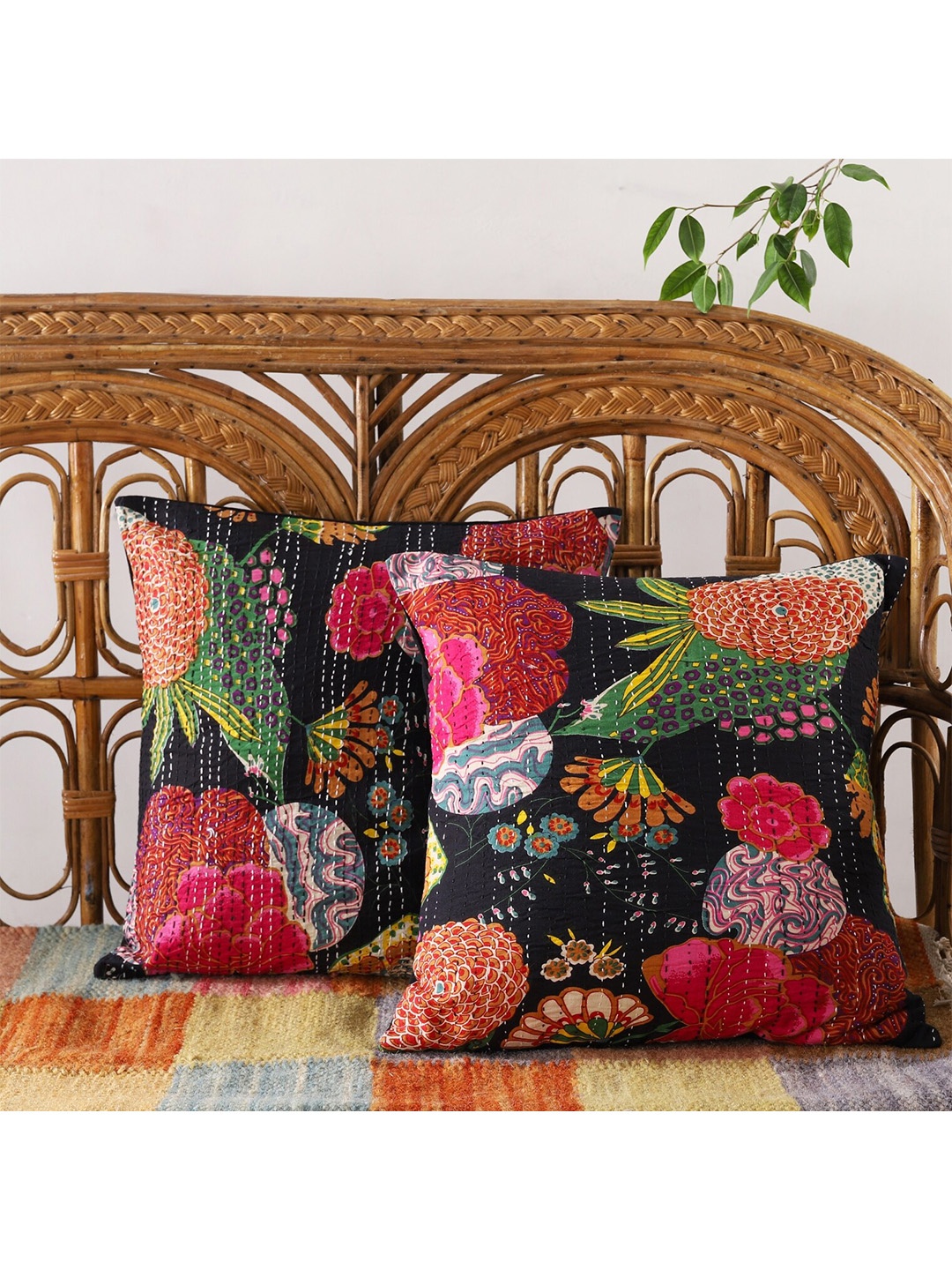 

HANDICRAFT PALACE Set of 2 Cotton Printed Square Cushion Covers, Black