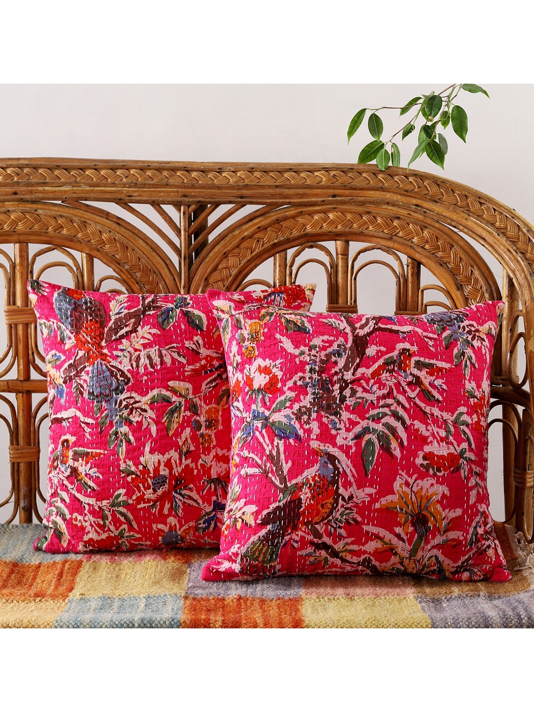 

HANDICRAFT PALACE Set of 2 Cotton Printed Square Cushion Covers, Pink