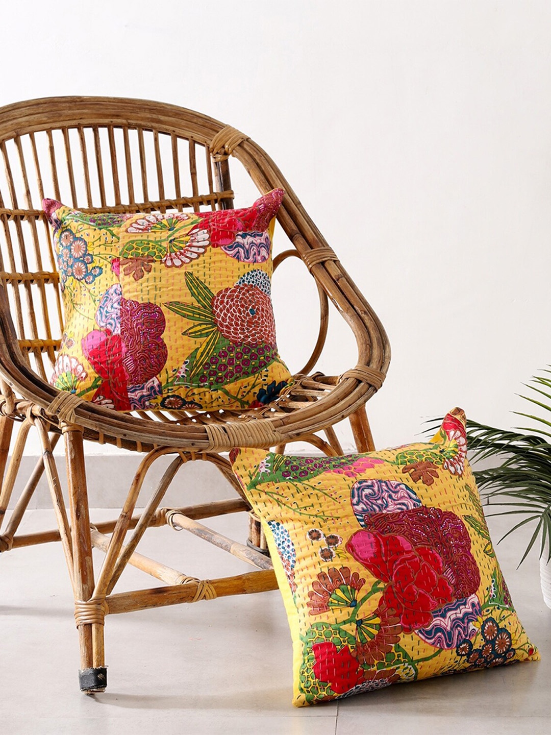 

HANDICRAFT PALACE Set of 2 Cotton Printed Square Cushion Covers, Yellow