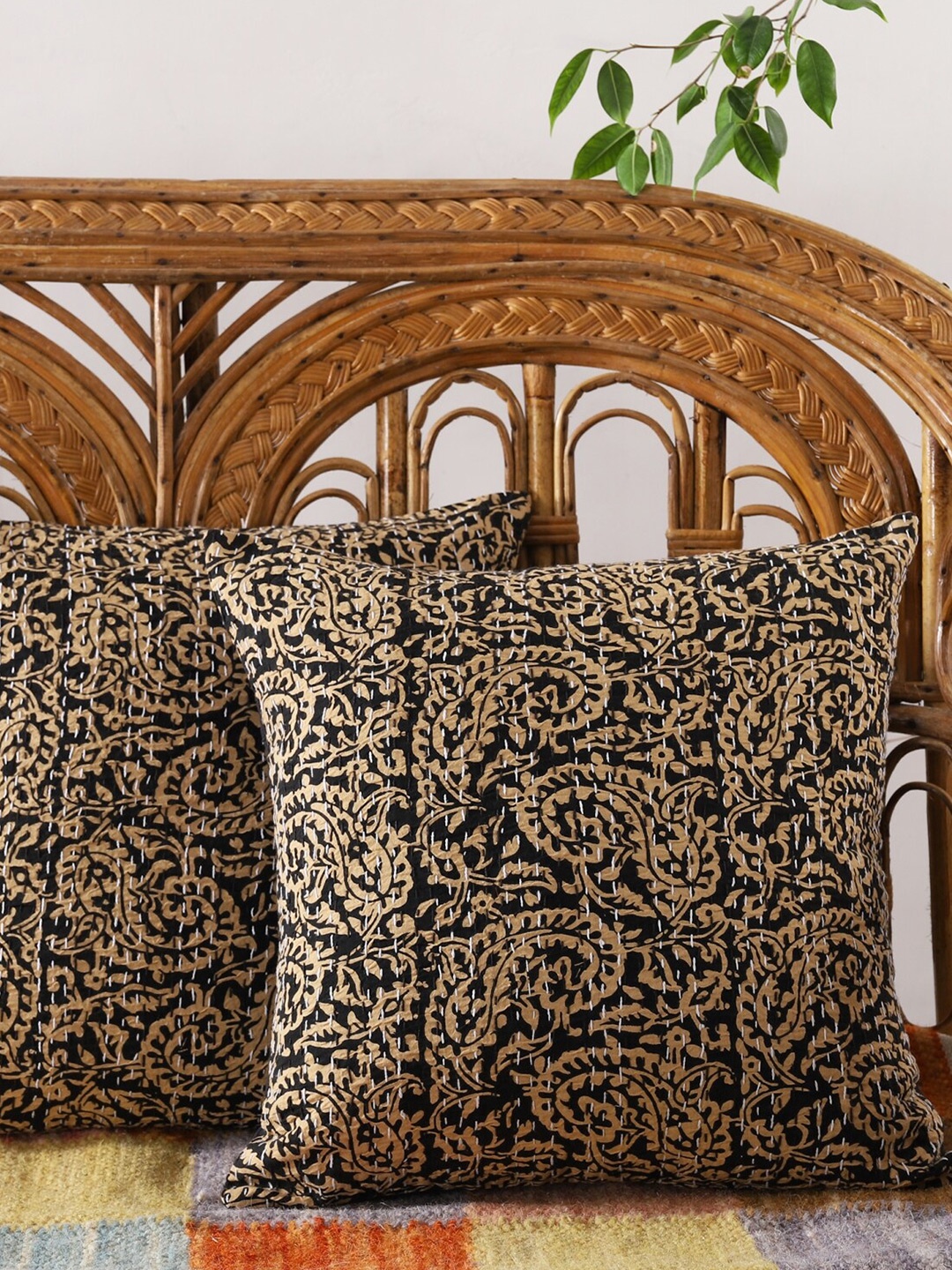 

HANDICRAFT PALACE Set of 2 Cotton Printed Square Cushion Covers, Black