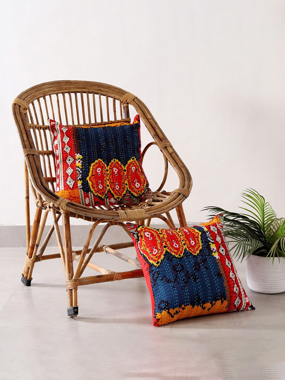 

HANDICRAFT PALACE Set of 2 Cotton Printed Square Cushion Covers, Navy blue