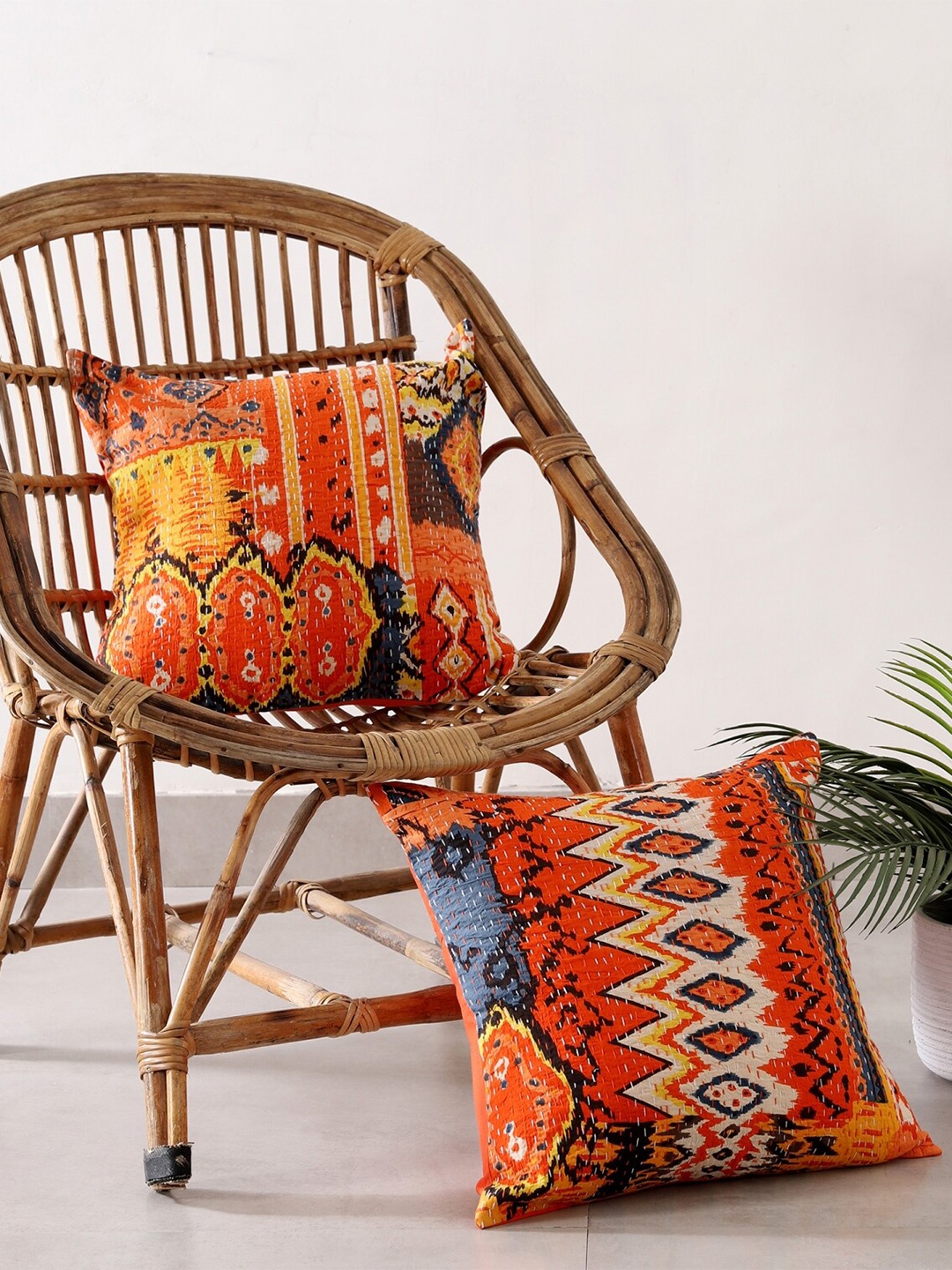 

HANDICRAFT PALACE Set of 2 Cotton Printed Square Cushion Covers, Orange