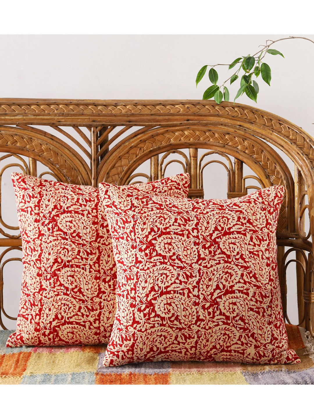 

HANDICRAFT PALACE Set of 2 Cotton Printed Square Cushion Covers, Maroon