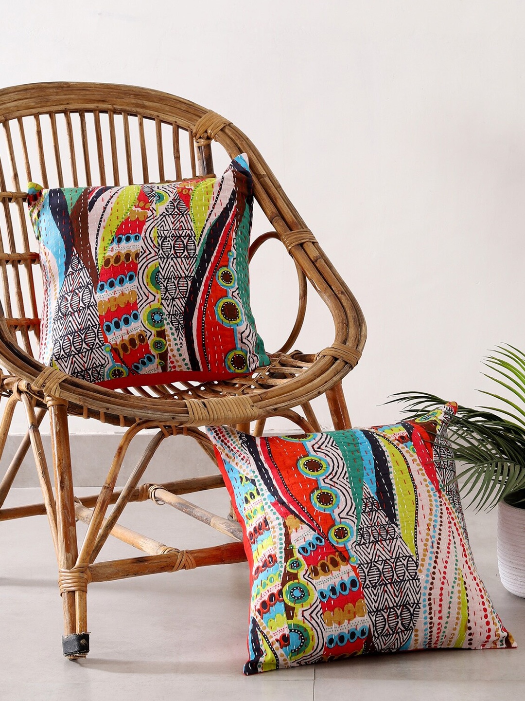 

HANDICRAFT PALACE Set of 2 Cotton Printed Square Cushion Covers, Red
