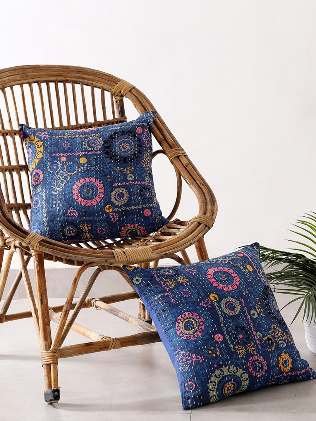 

HANDICRAFT PALACE Set of 2 Cotton Printed Square Cushion Covers, Blue