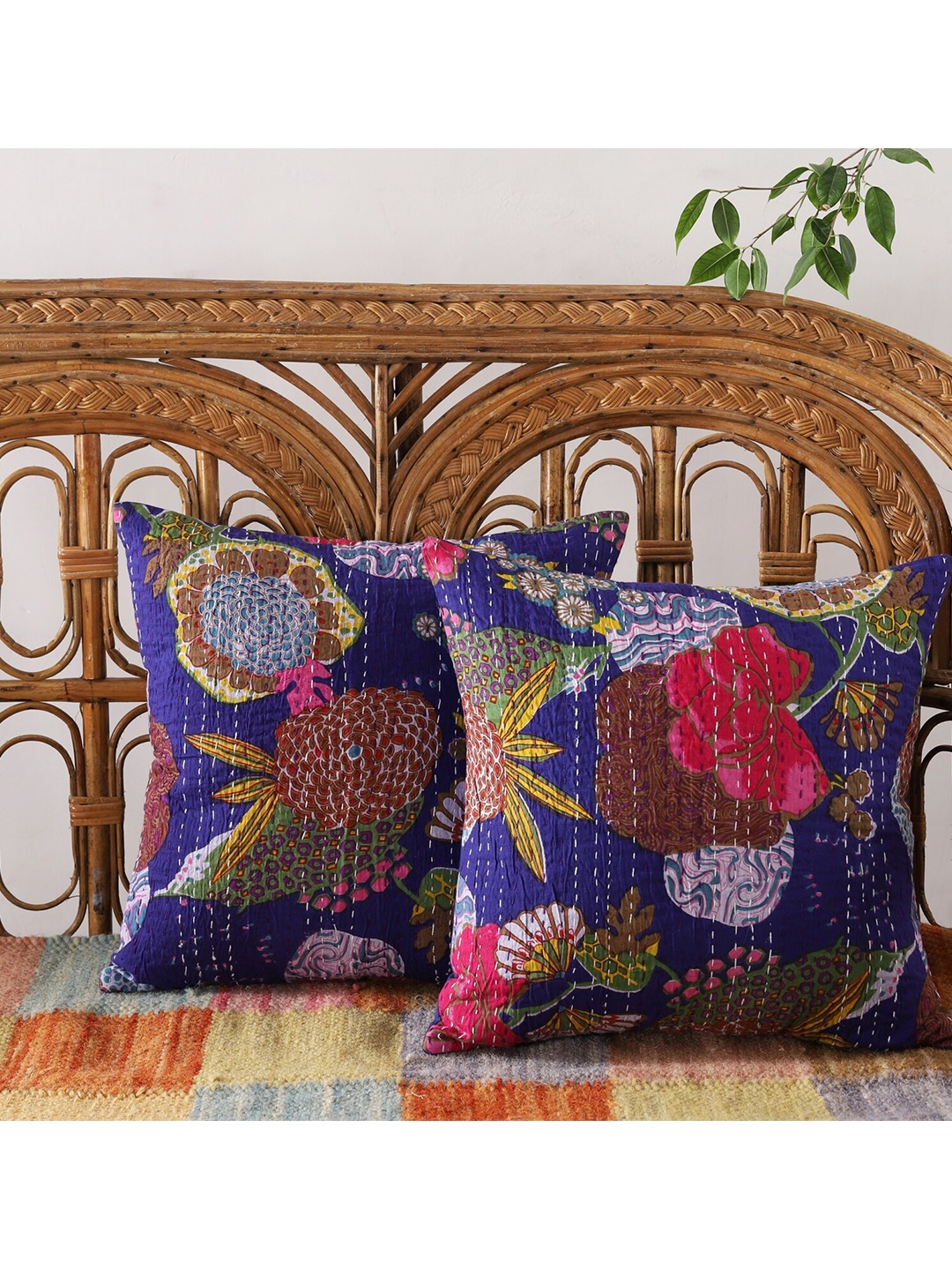 

HANDICRAFT PALACE Set of 2 Cotton Printed Square Cushion Covers, Blue