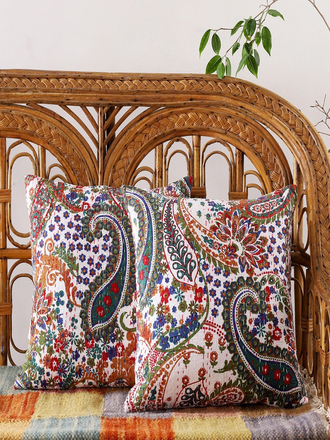 

HANDICRAFT PALACE Set of 2 Cotton Printed Square Cushion Covers, White