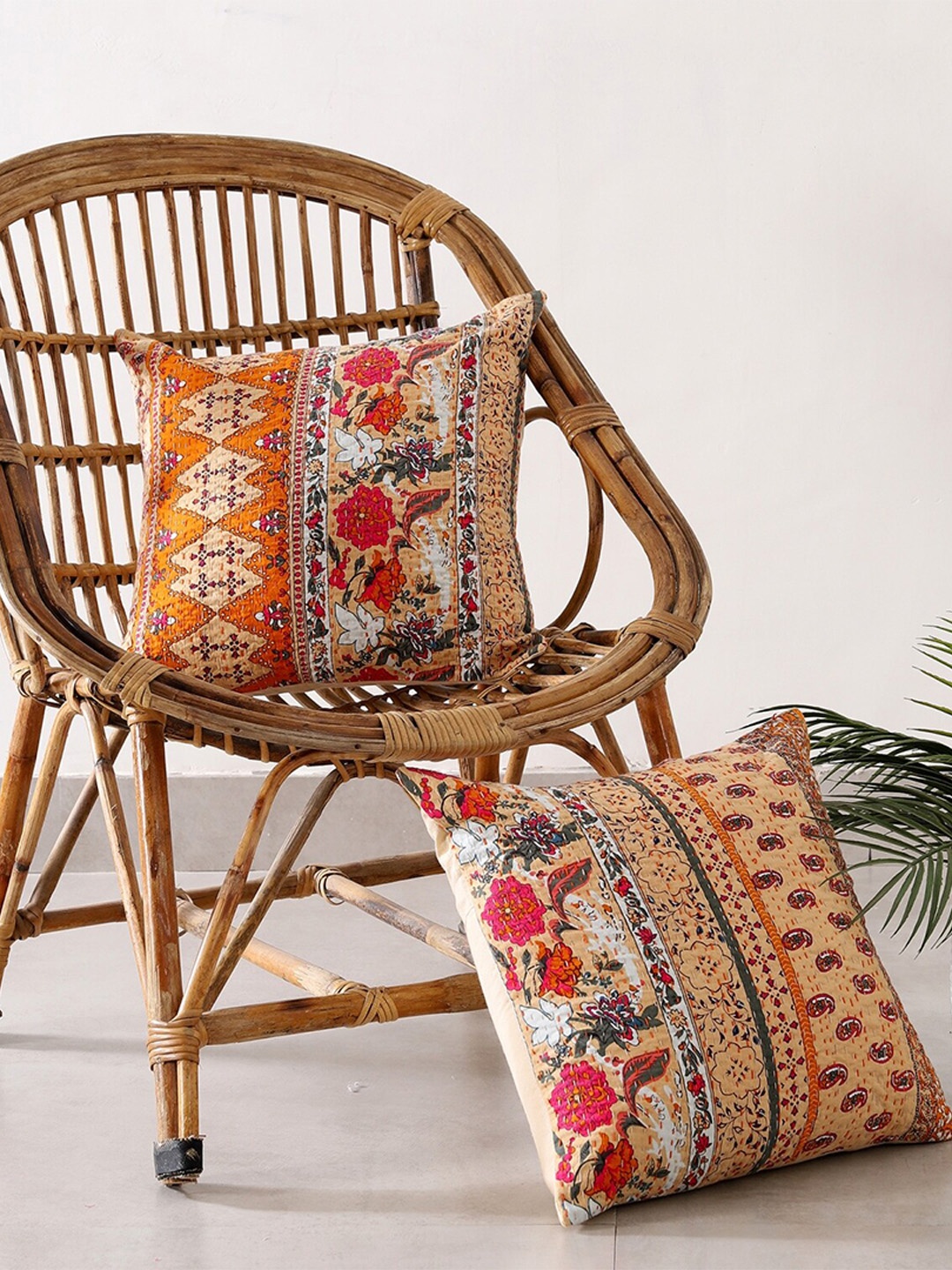 

HANDICRAFT PALACE Set of 2 Cotton Printed Square Cushion Covers, Beige
