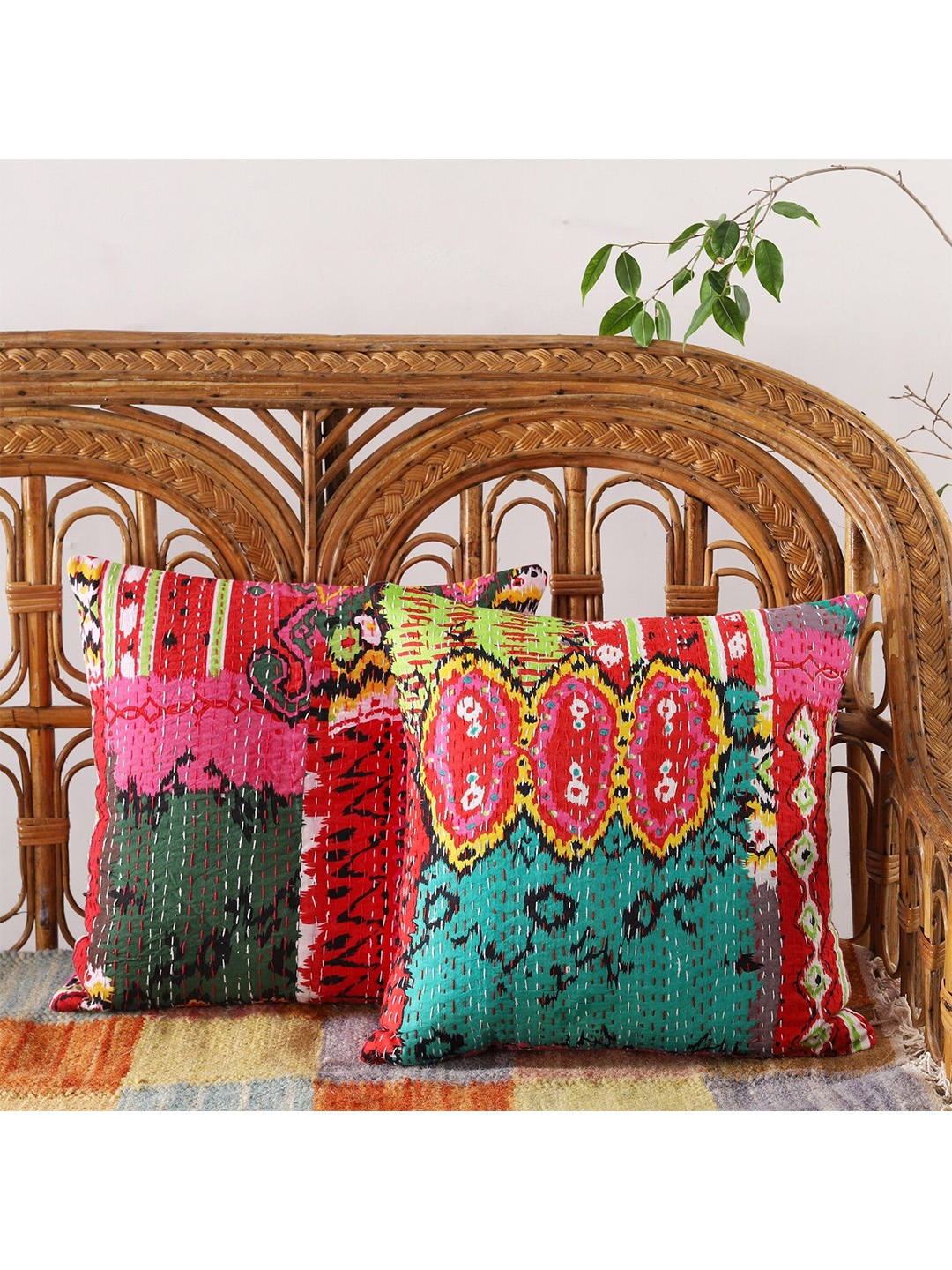 

HANDICRAFT PALACE Set of 2 Cotton Printed Square Cushion Covers, Pink