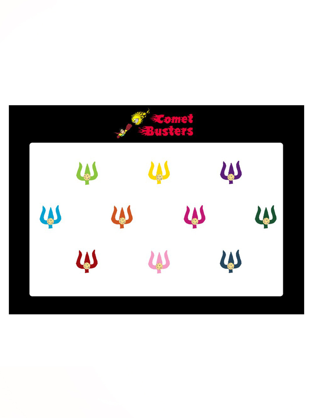 

Comet Busters 10 Pcs Embellished Reusable Trishul-Shaped Designer Bindis - Multicoloured, Multi