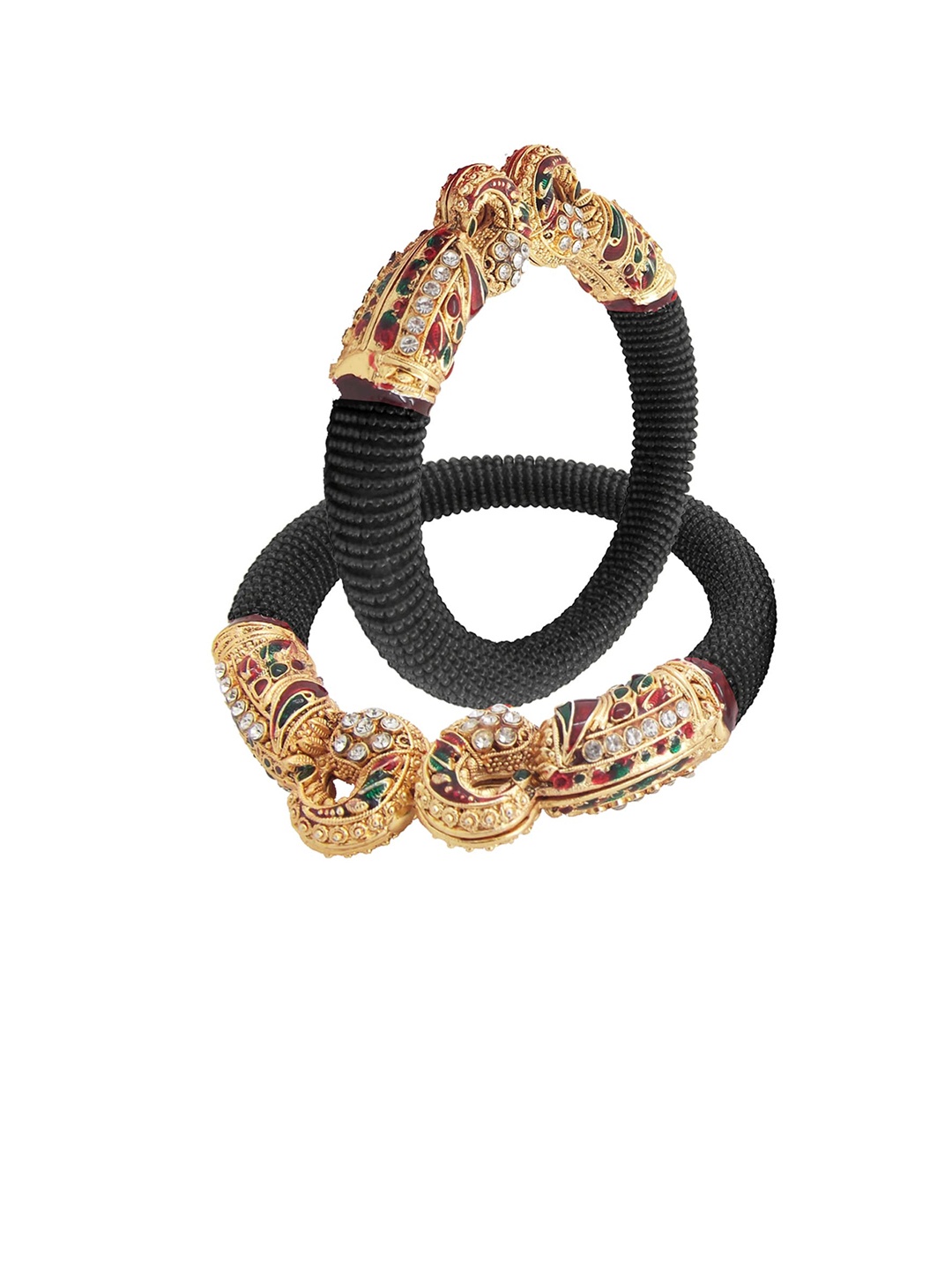 

FEMMIBELLA Set of 2 Gold-Plated CZ-studded & Beaded Adjustable Bangle, Black