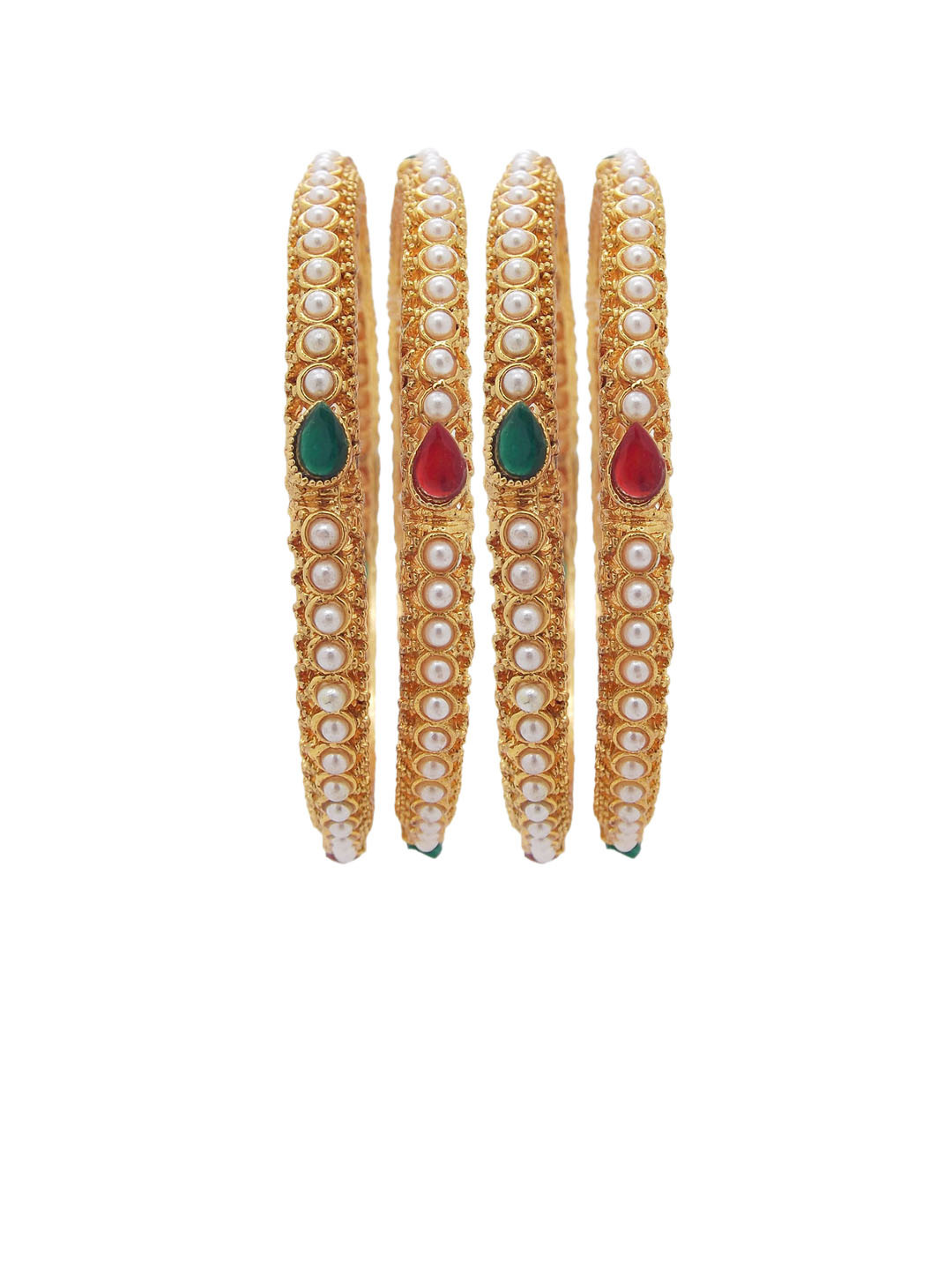 

FEMMIBELLA Set Of 4 Gold-Plated Pearl Polki Stones Studded Bangle