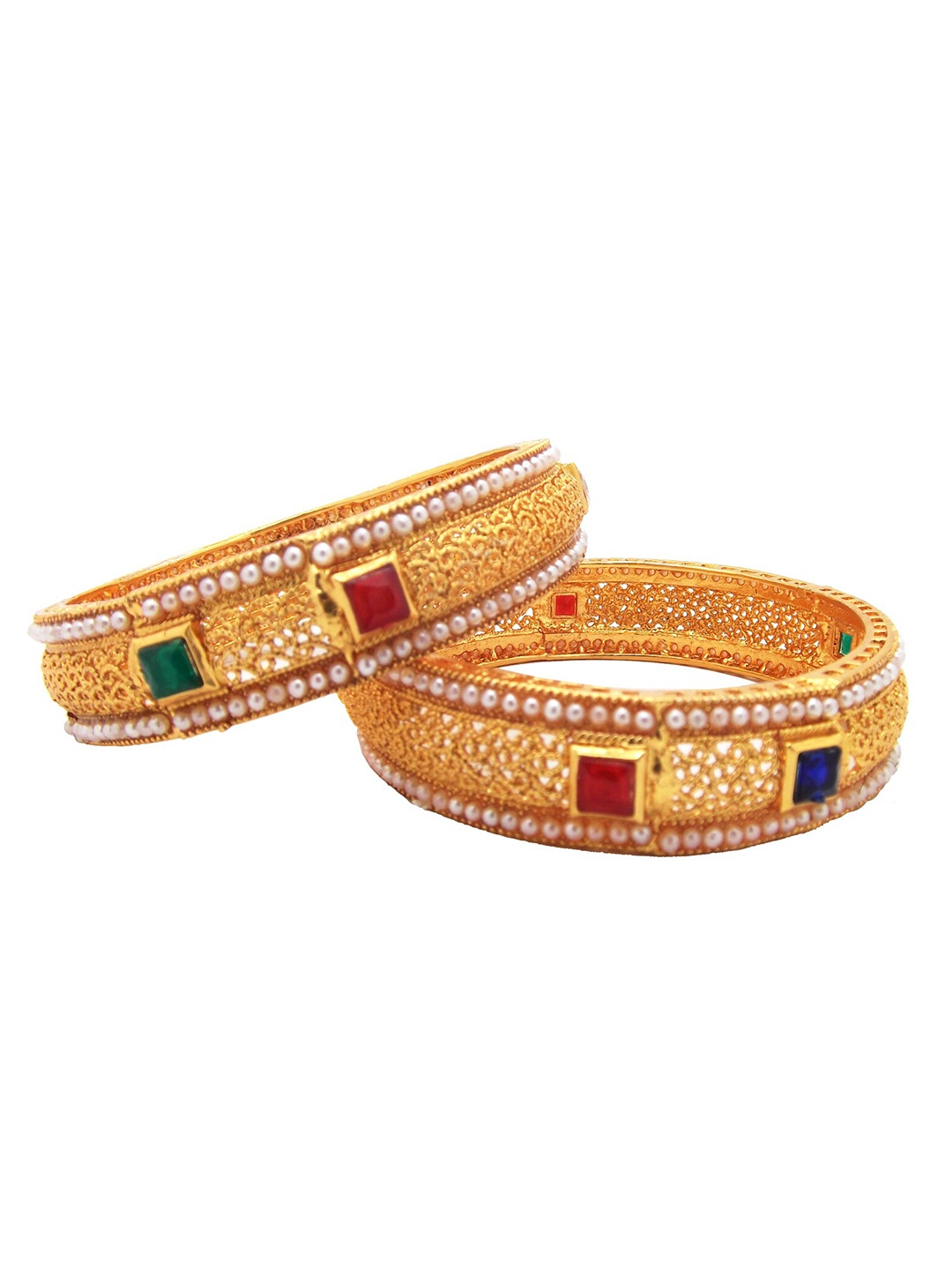 

FEMMIBELLA Set Of 2 Gold-Plated Pearl Stone Studded Bangles