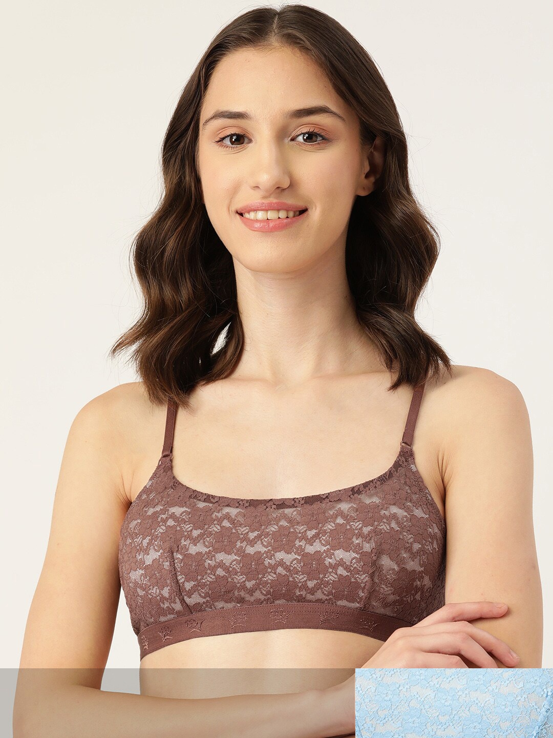 

Leading Lady Women Pack Of 2 Floral Non Padded Nylon Bralette Bra, Brown