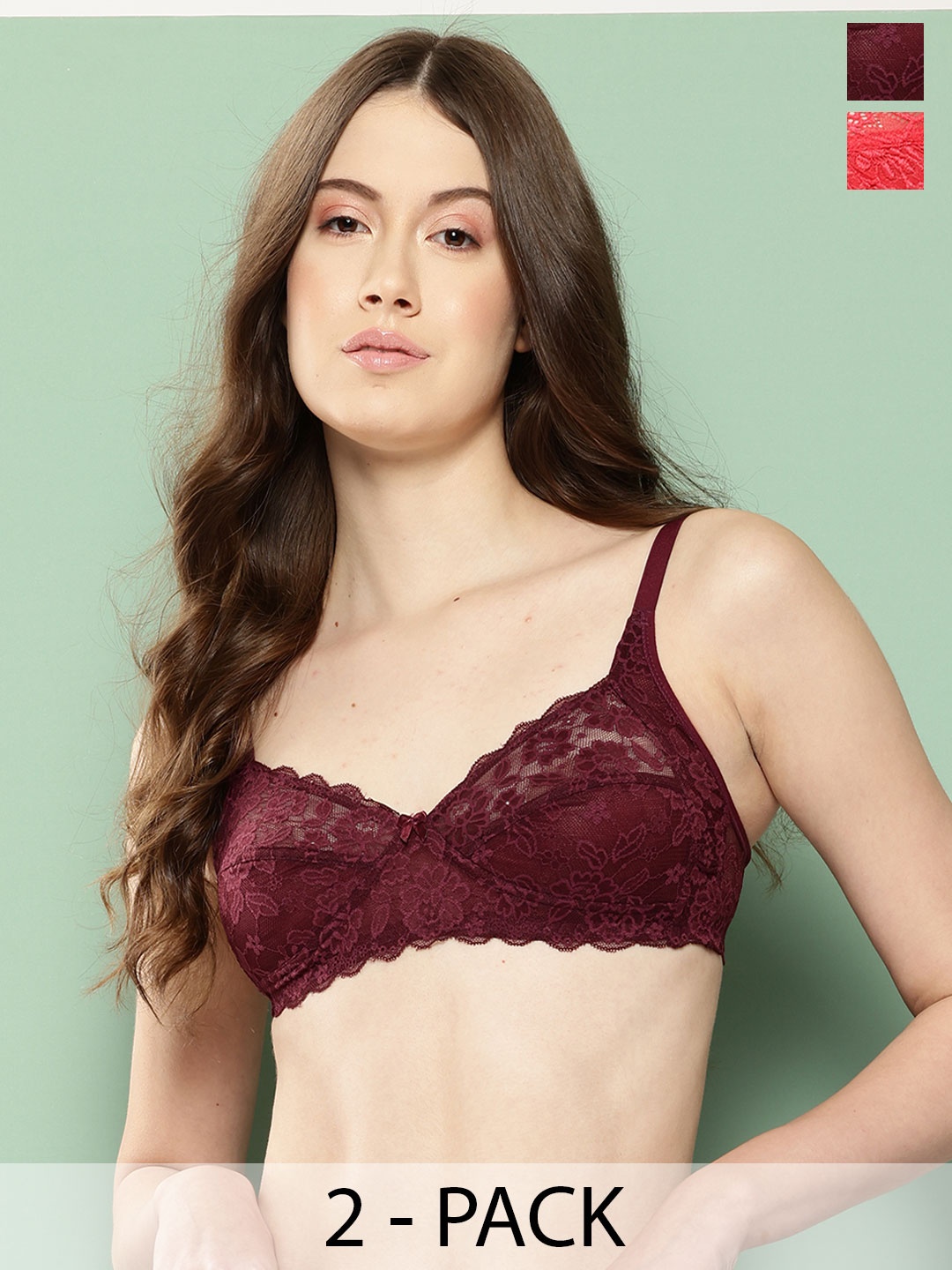 

Leading Lady Women Pack Of 2 Floral Non Padded Nylon Bralette Bra, Red