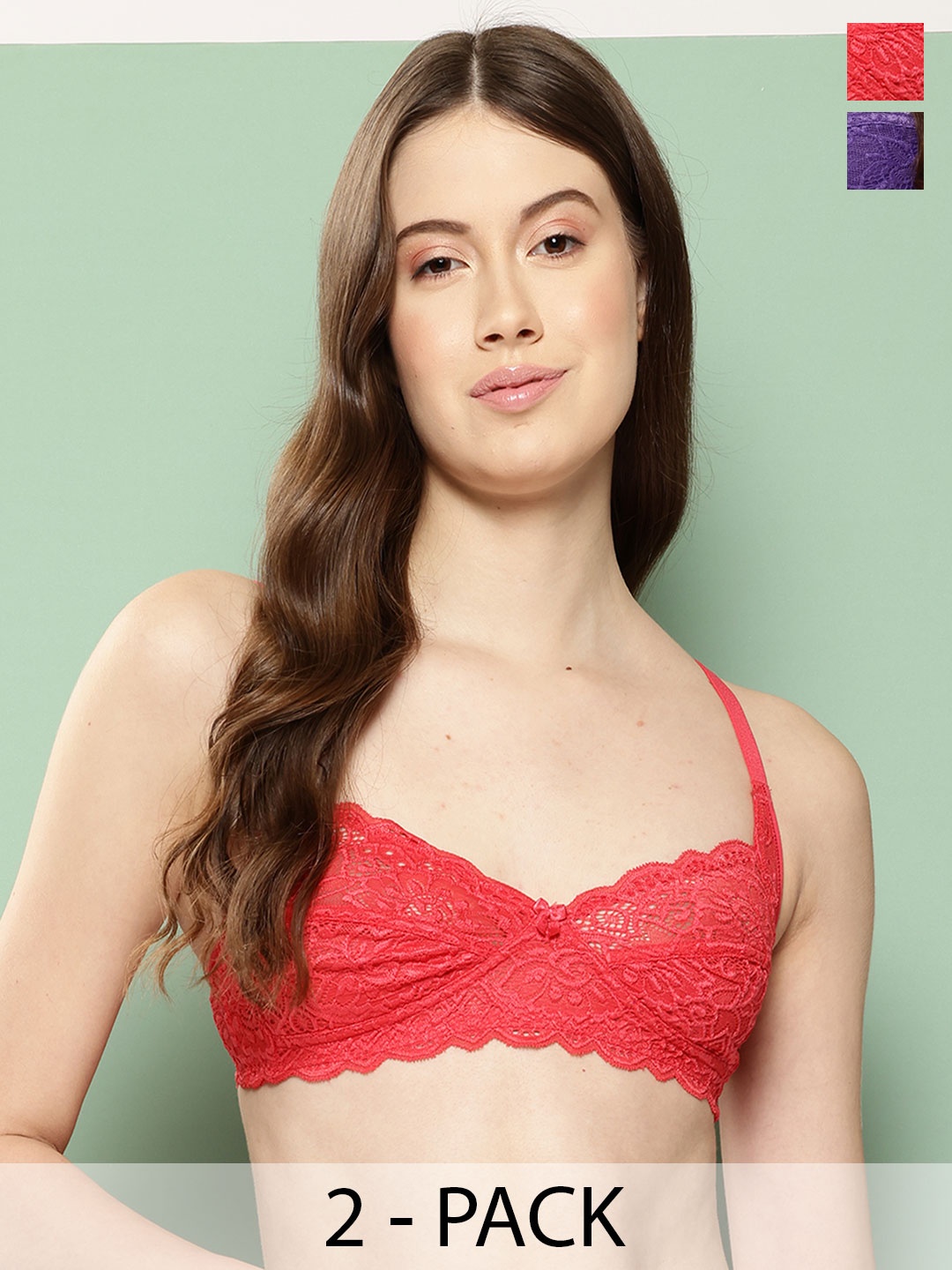 

Leading Lady Women Pack Of 2 Floral Non Padded Nylon Bralette Bra, Red