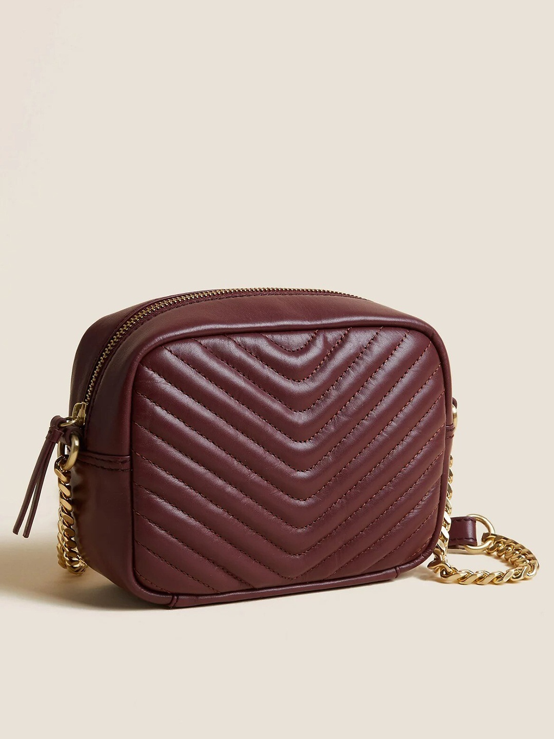 

Marks & Spencer Textured Leather Structured Sling Bag with Quilted, Maroon