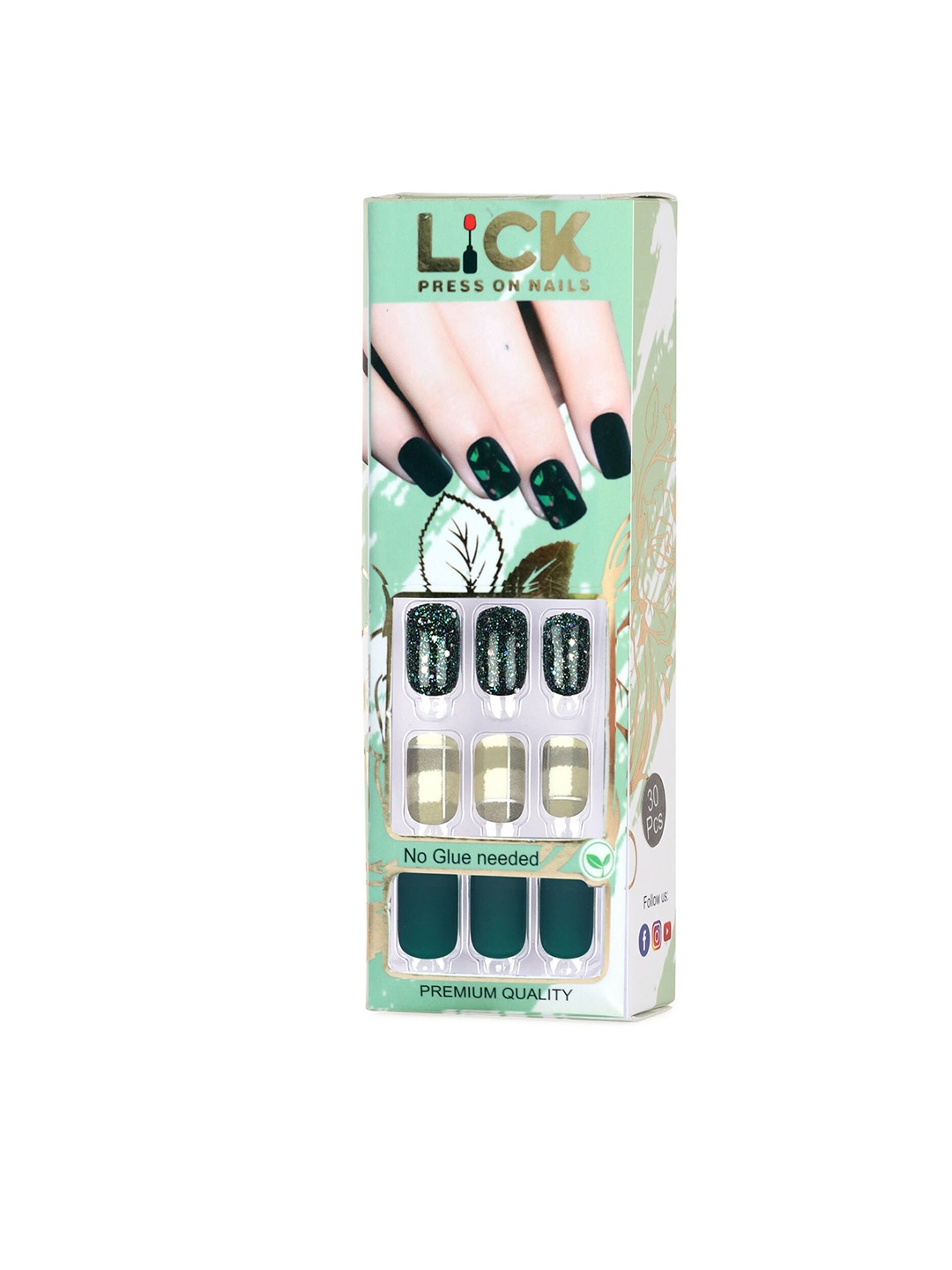 

LICK Set Of 12 French Manicure Square Shape Artificial Acrylic Nails Extension, Green