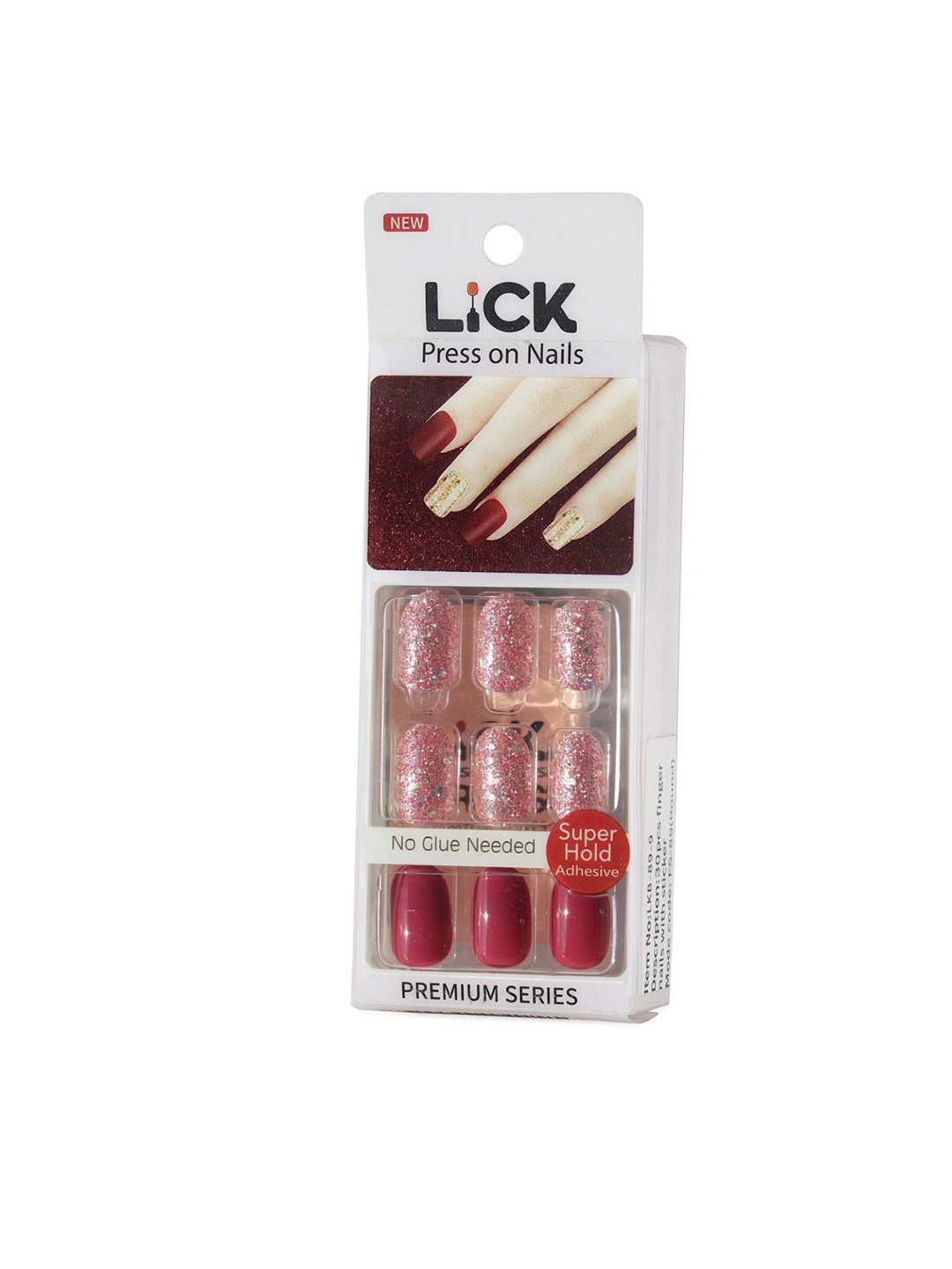 

LICK Set Of 12 Reusable Acrylic Artificial Press On Nails With Application Kit, Pink