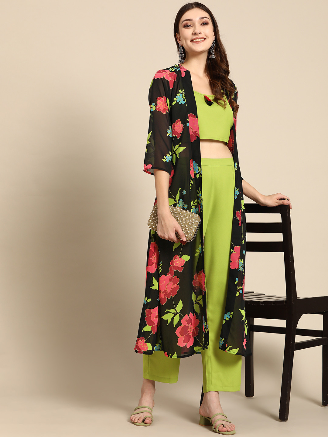 

Sangria Women Green Solid Co-Ords Set with Longline Jacket