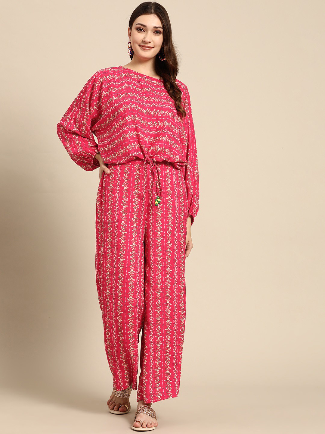

Sangria Women Pink Printed Top with Trousers