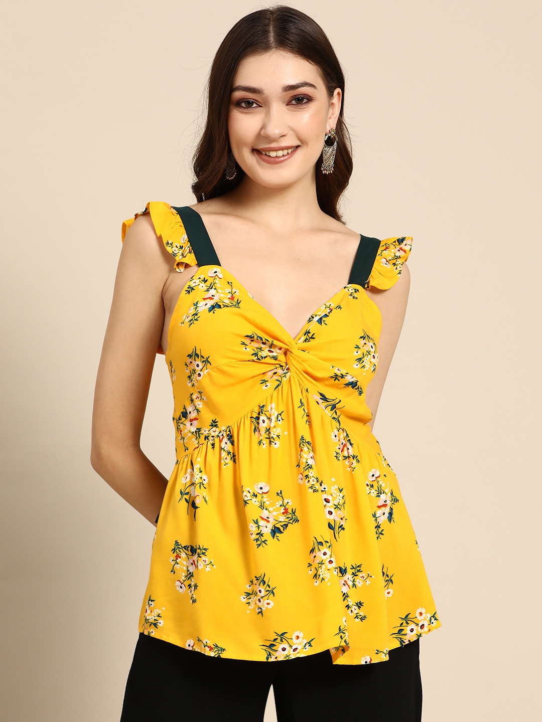

Sangria Yellow & Black Floral Print Styled Back Top