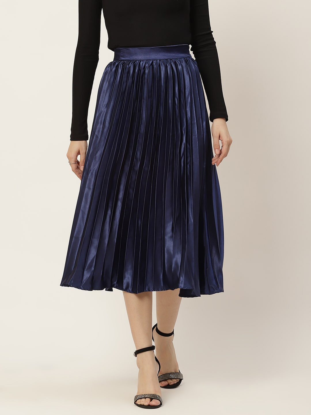 

Slenor Women Solid Flared Midi Skirt, Navy blue