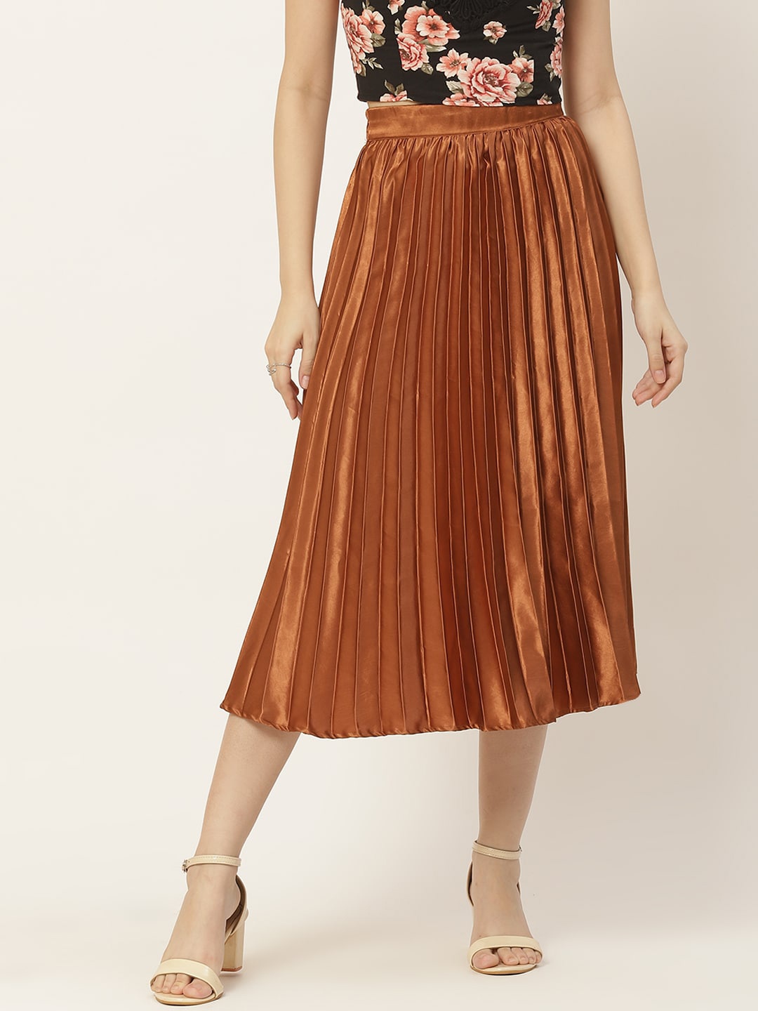 

Slenor Women Solid Pleated Midi Skirts, Copper