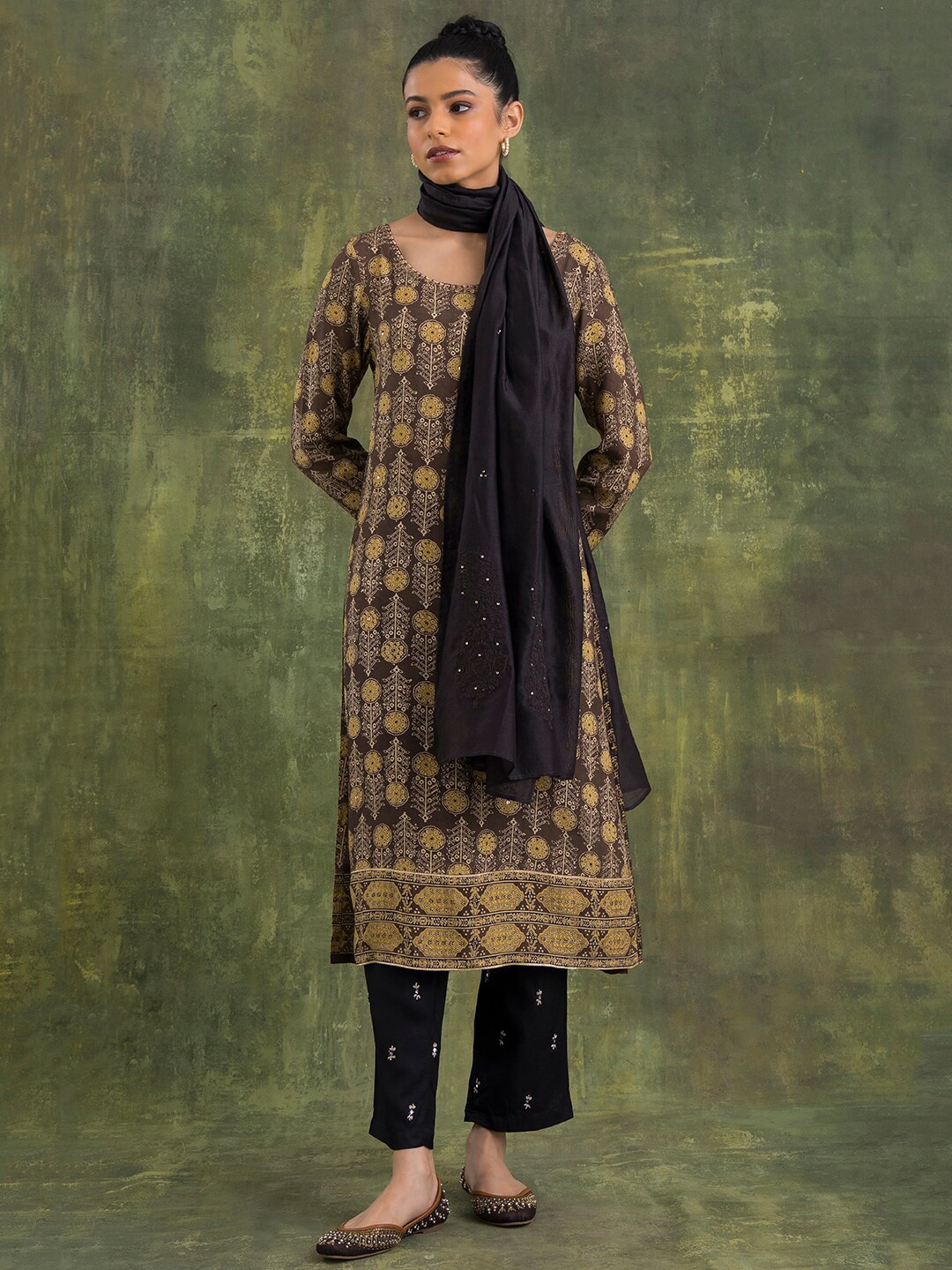

W The Folksong Collection Women Dark Brown Cotton Silk Drape
