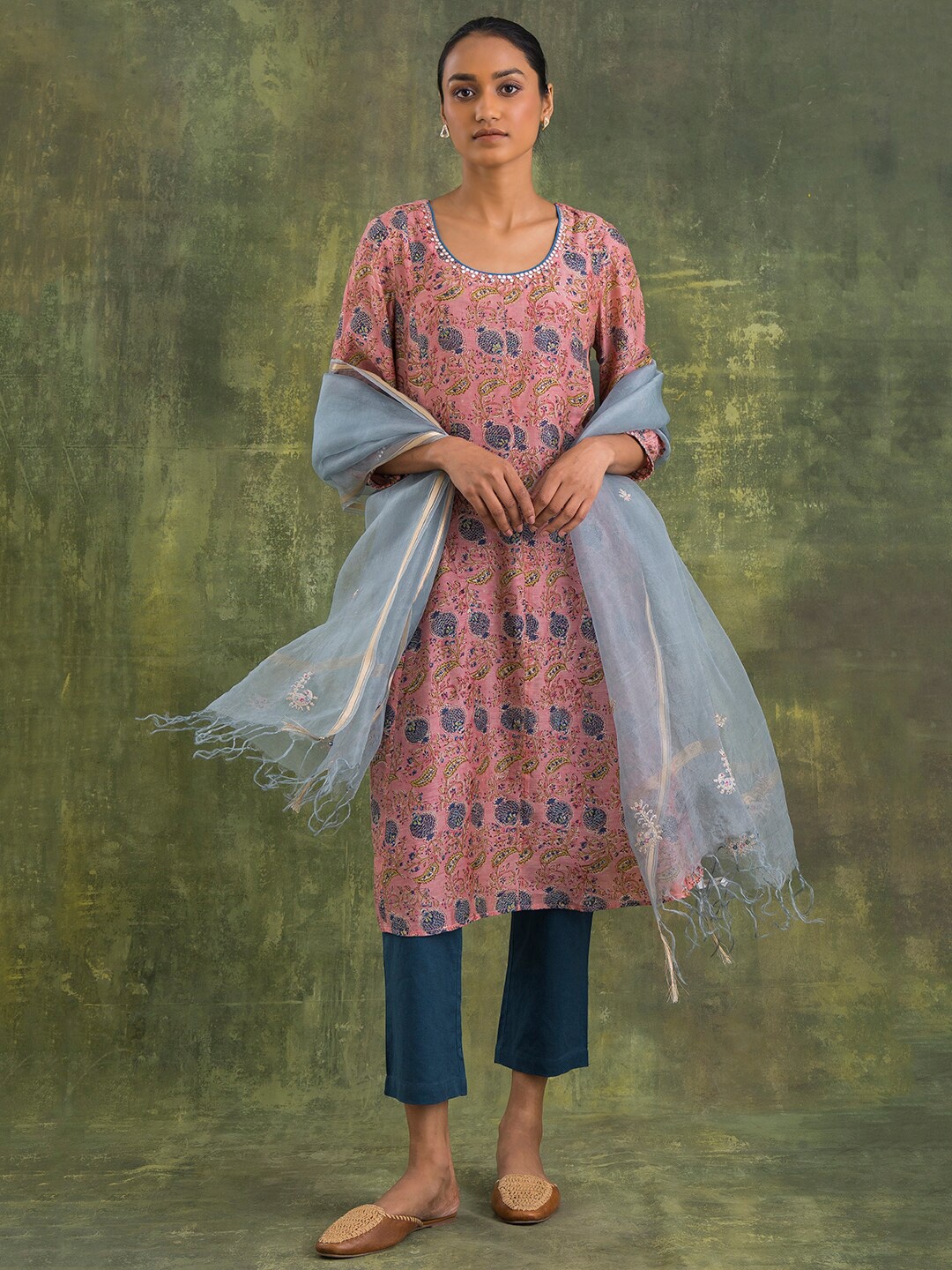 

W The Folksong Collection Women Powder Blue Solid Silk Organza Drape