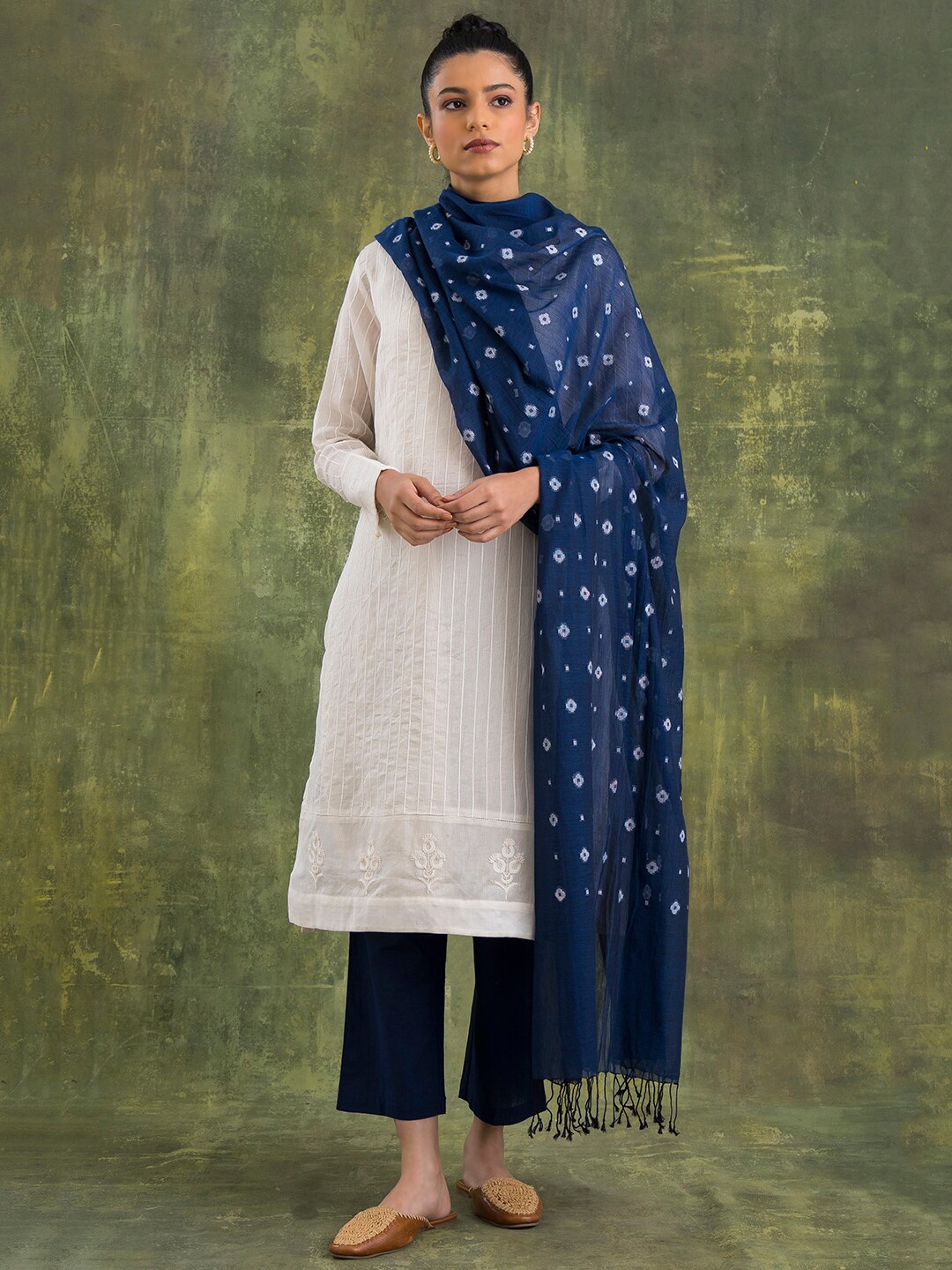 

W The Folksong Collection Women Indigo Yarn-Dyed Cotton Drape, Blue