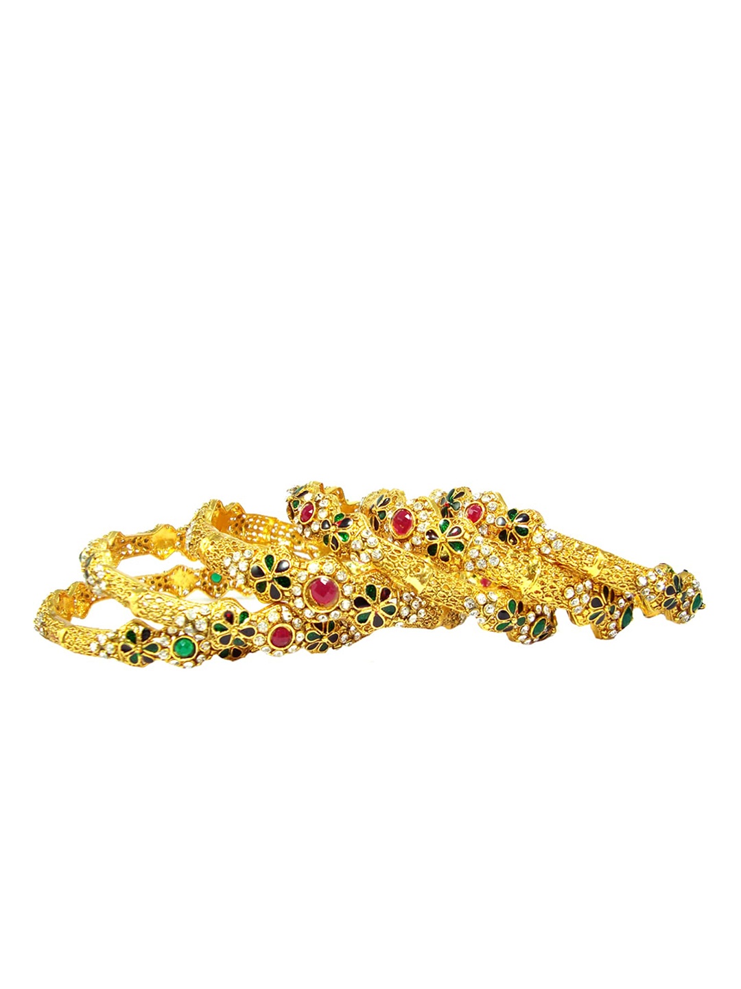 

FEMMIBELLA Set Of 6 Gold-Plated Artificial Stone Studded & Beaded Floral Bangles