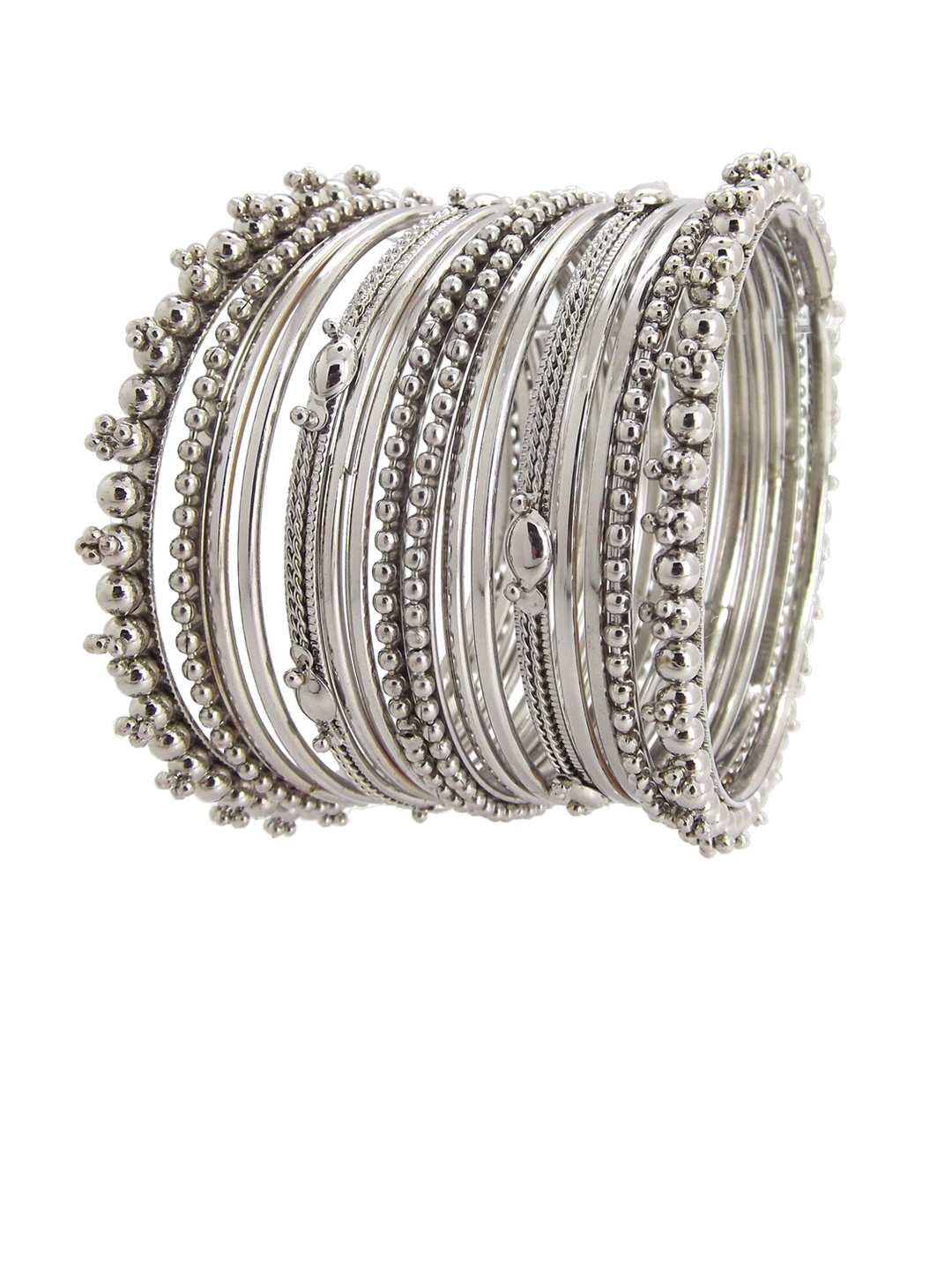 

FEMMIBELLA Set of 16 Pcs Silver-Plated Textured Oxidised Bangles