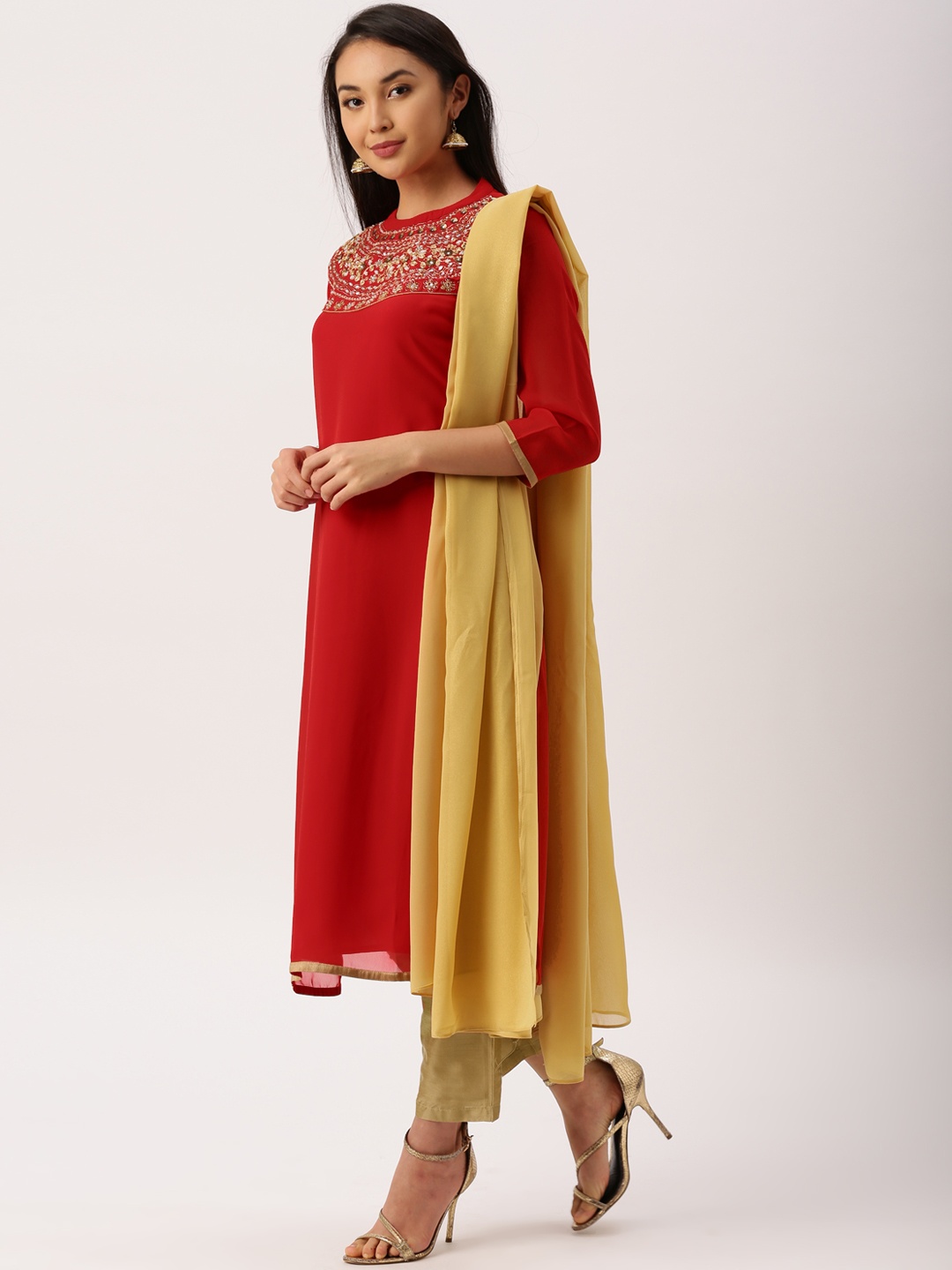 

IMARA Women Red & Beige Embroidered Kurta with Trousers & Dupatta