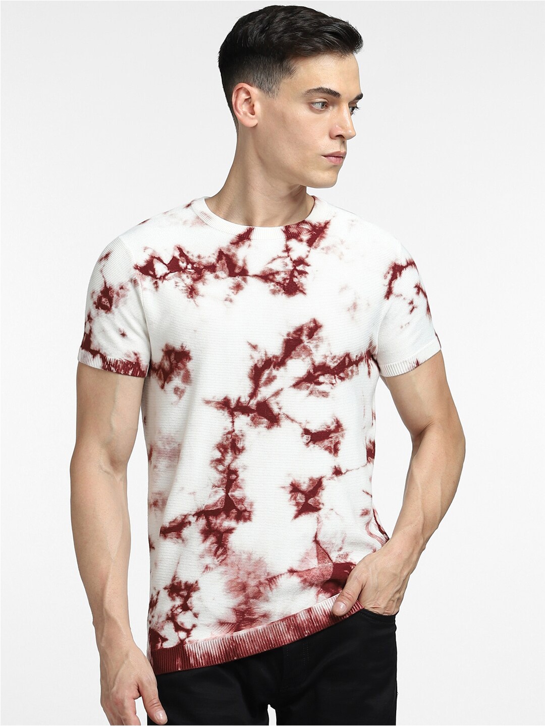 

Jack & Jones Men White Printed V-Neck Raw Edge T-shirt