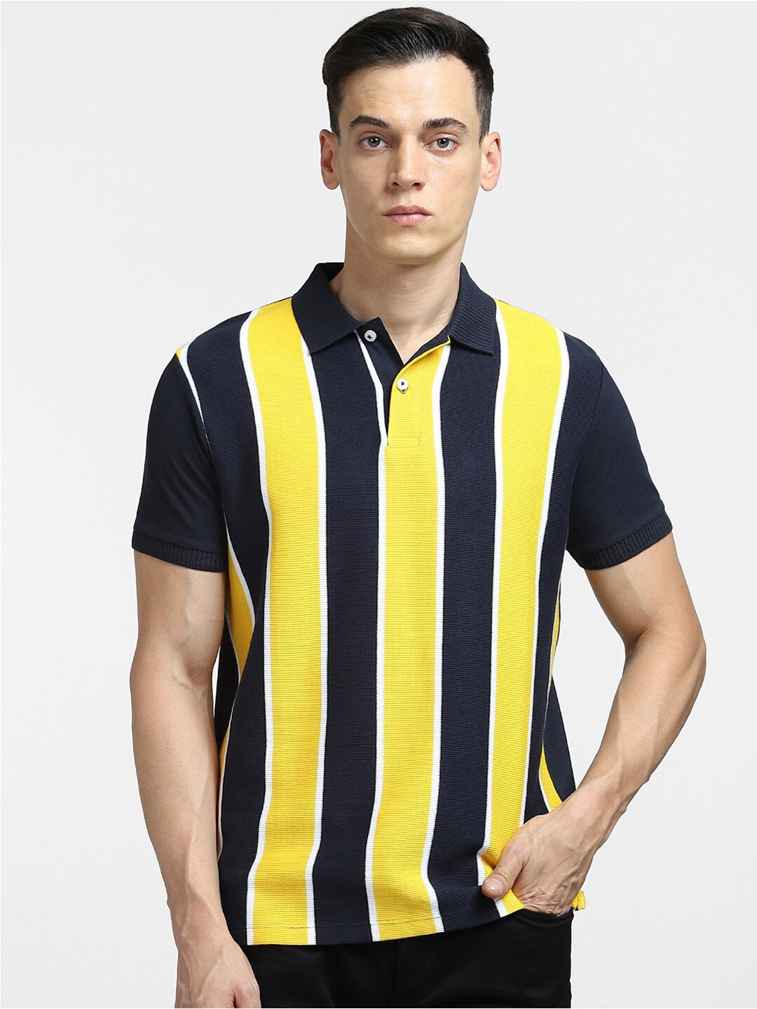 

Jack & Jones Men Striped Cotton T-shirt, Yellow