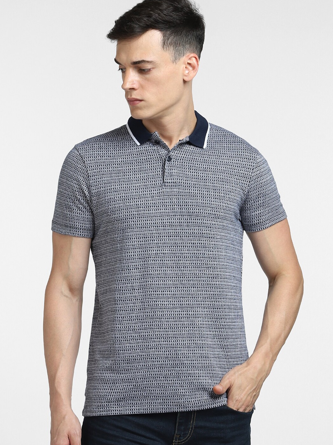 

Jack & Jones Men Self Design Polo Collar Slim Fit Cotton T-shirt, Blue